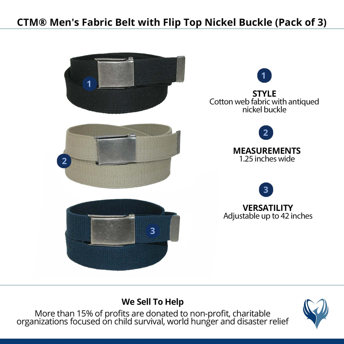 CTM® Men's Fabric Belt with Flip Top Nickel Buckle (Pack of 3) - Black Khaki and Navy