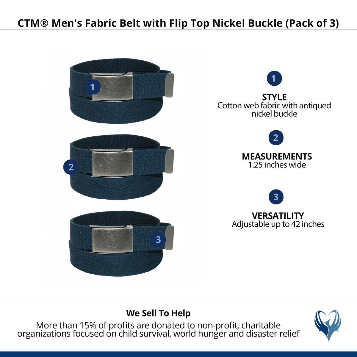 CTM® Men's Fabric Belt with Flip Top Nickel Buckle (Pack of 3) - Navy