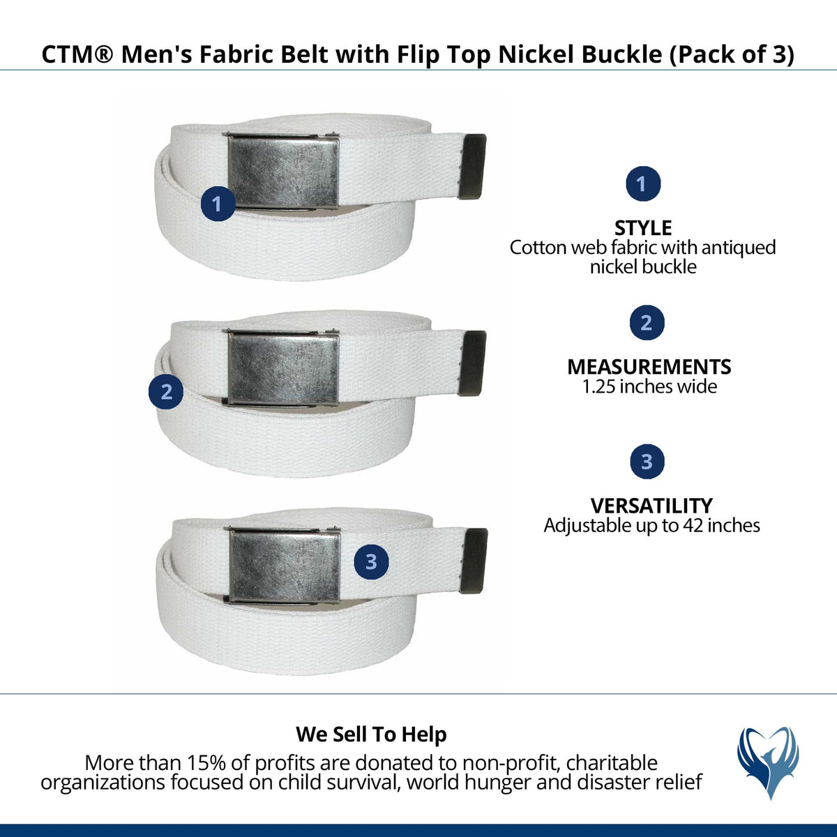 CTM® Men's Fabric Belt with Flip Top Nickel Buckle (Pack of 3) - White