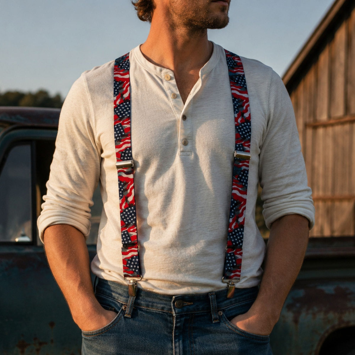 CTM® Men's Elastic American Flag Suspender with Hook Ends - American Flag
