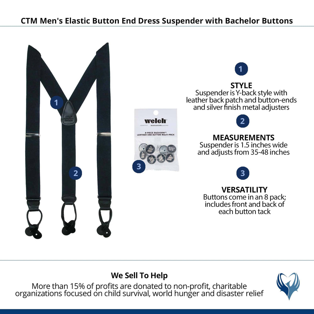 CTM® Men's Elastic Button End Dress Suspender with Bachelor Buttons - Navy
