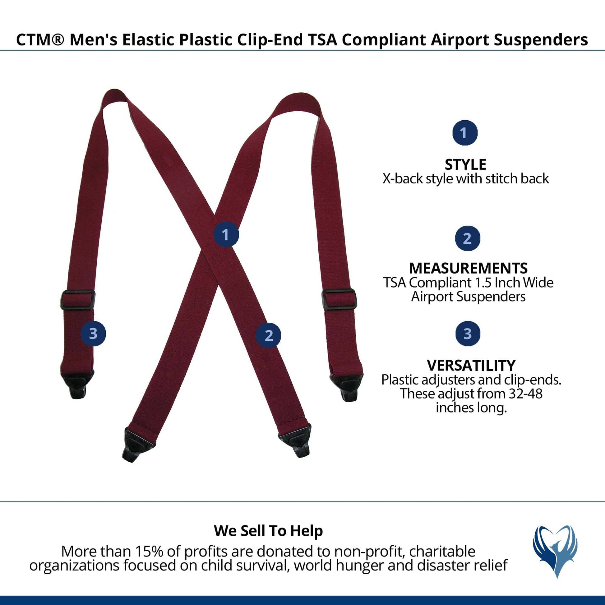 CTM® Men's Elastic Plastic Clip-End TSA Compliant Airport Suspenders - Burgundy