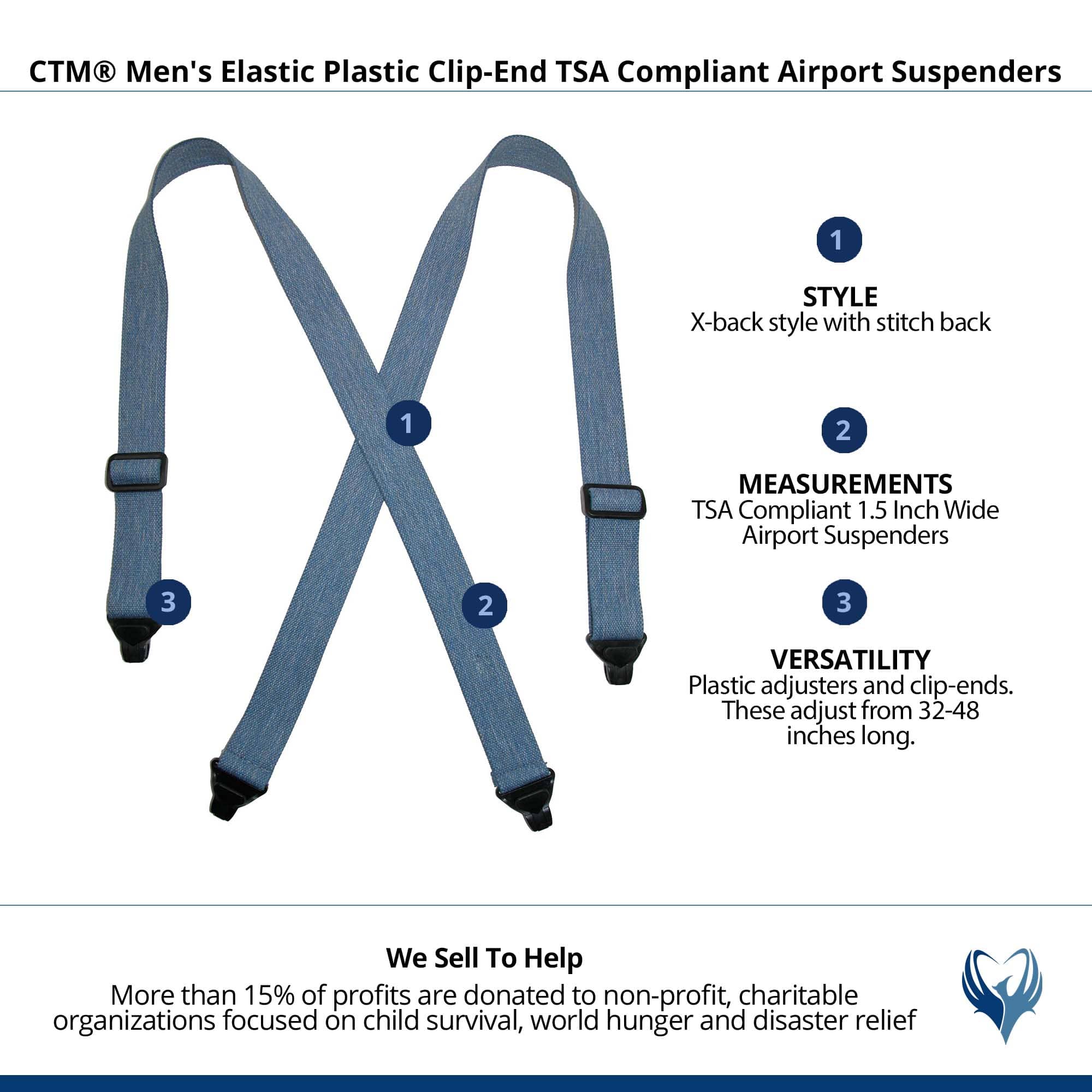 CTM® Men's Elastic Plastic Clip-End TSA Compliant Airport Suspenders - Denim
