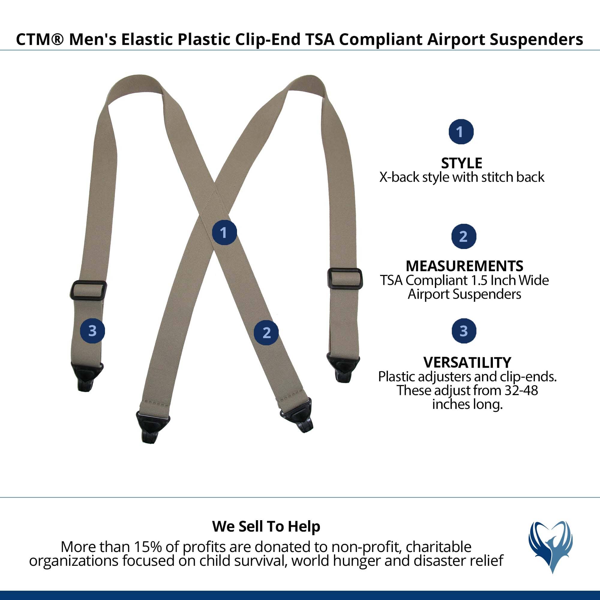 CTM® Men's Elastic Plastic Clip-End TSA Compliant Airport Suspenders - Khaki