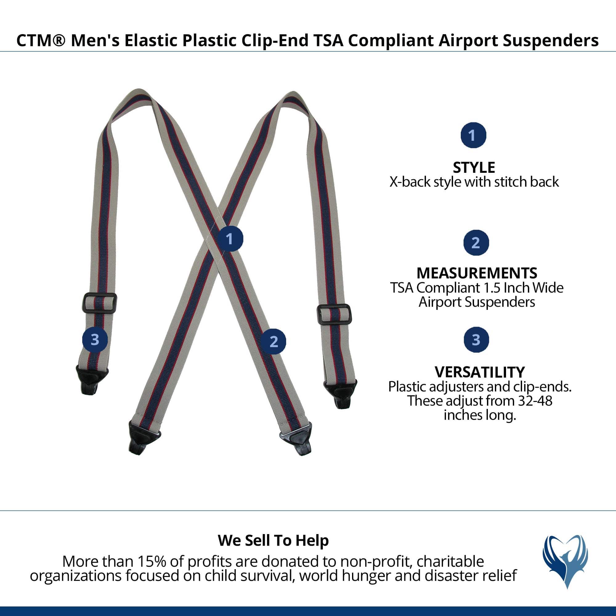 CTM® Men's Elastic Plastic Clip-End TSA Compliant Airport Suspenders - Khaki-Navy-Khaki