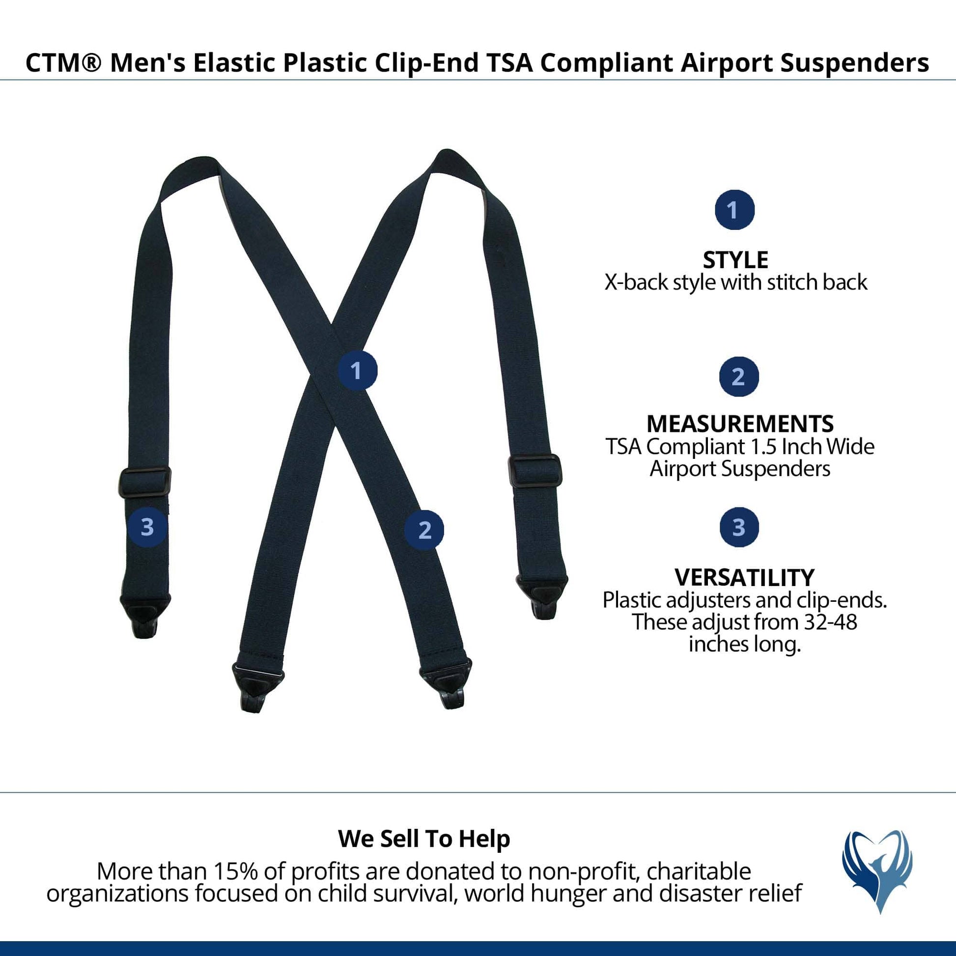 CTM® Men's Elastic Plastic Clip-End TSA Compliant Airport Suspenders - Navy