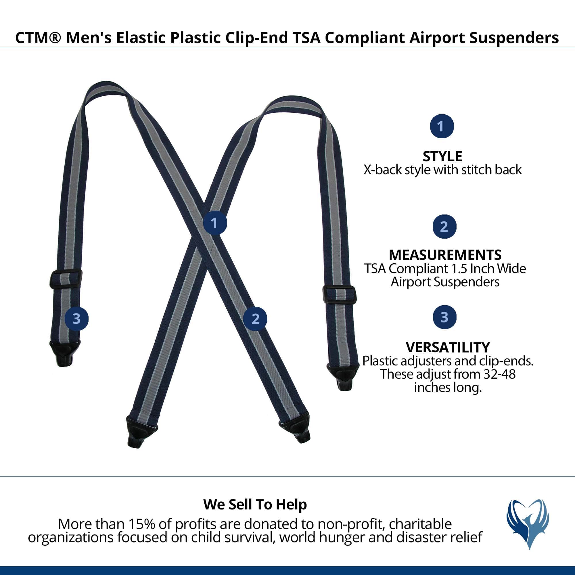 CTM® Men's Elastic Plastic Clip-End TSA Compliant Airport Suspenders - Navy-Gray-Navy