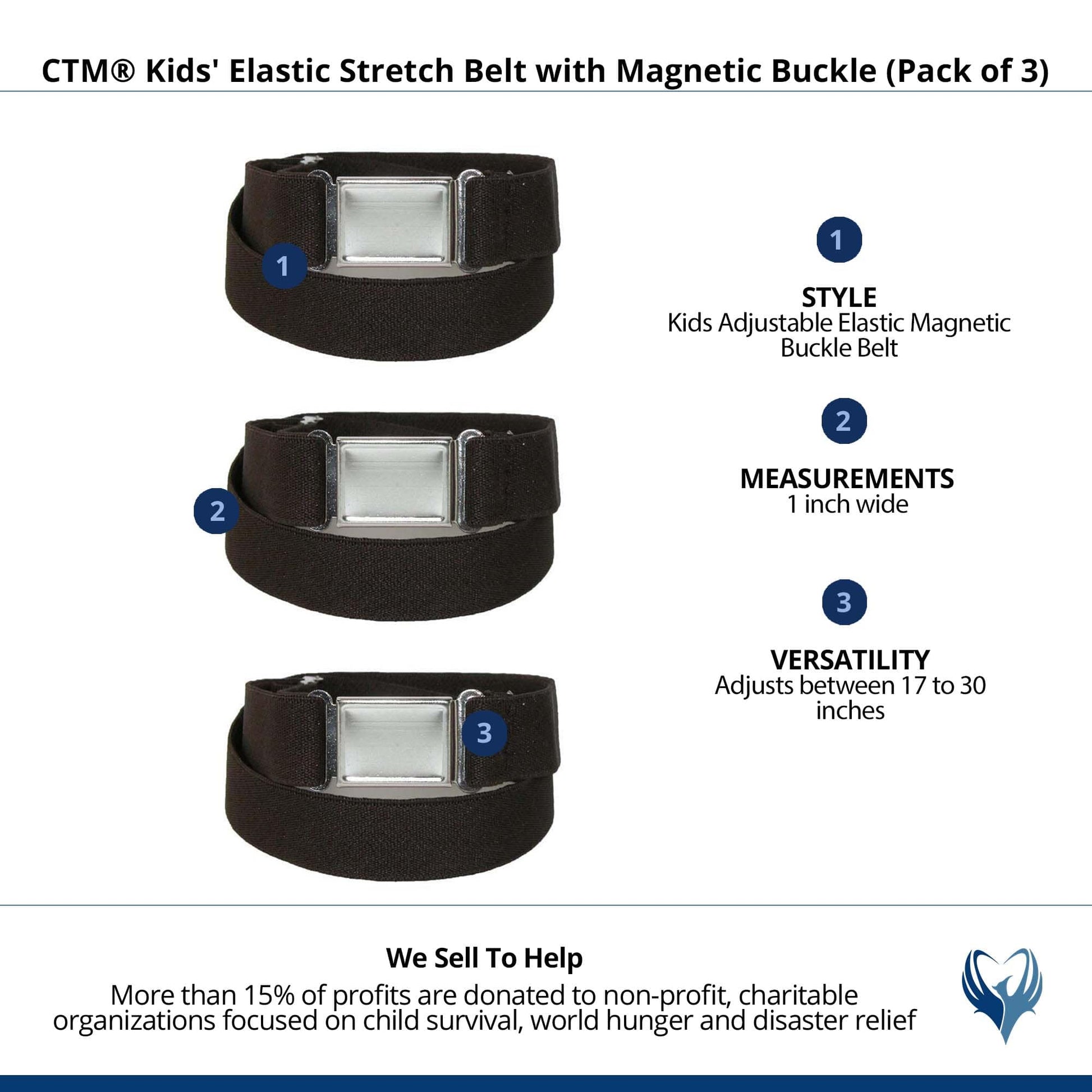 CTM® Kids' Elastic Stretch Belt with Magnetic Buckle (Pack of 3) - Brown