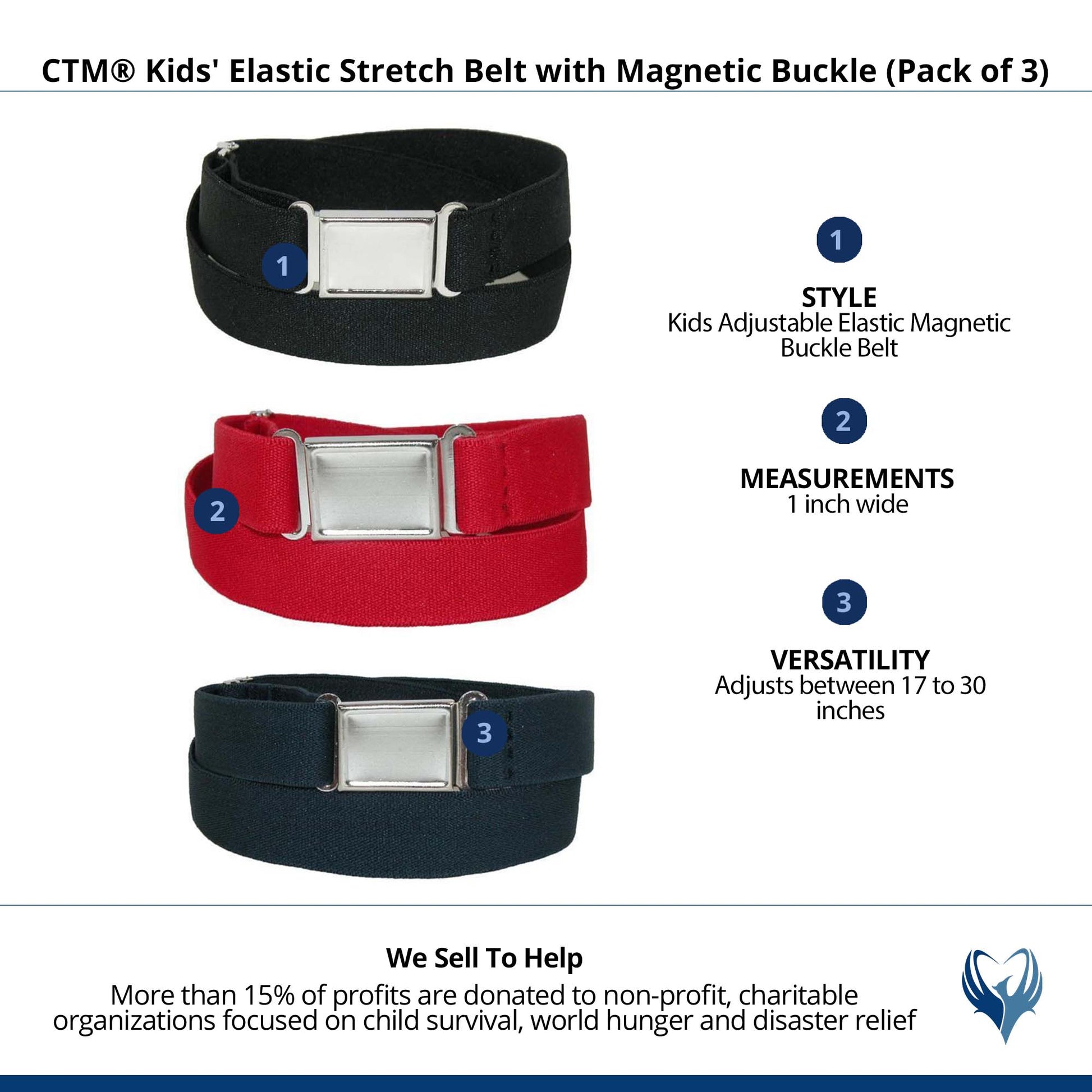 CTM® Kids' Elastic Stretch Belt with Magnetic Buckle (Pack of 3) - Black Red and Navy
