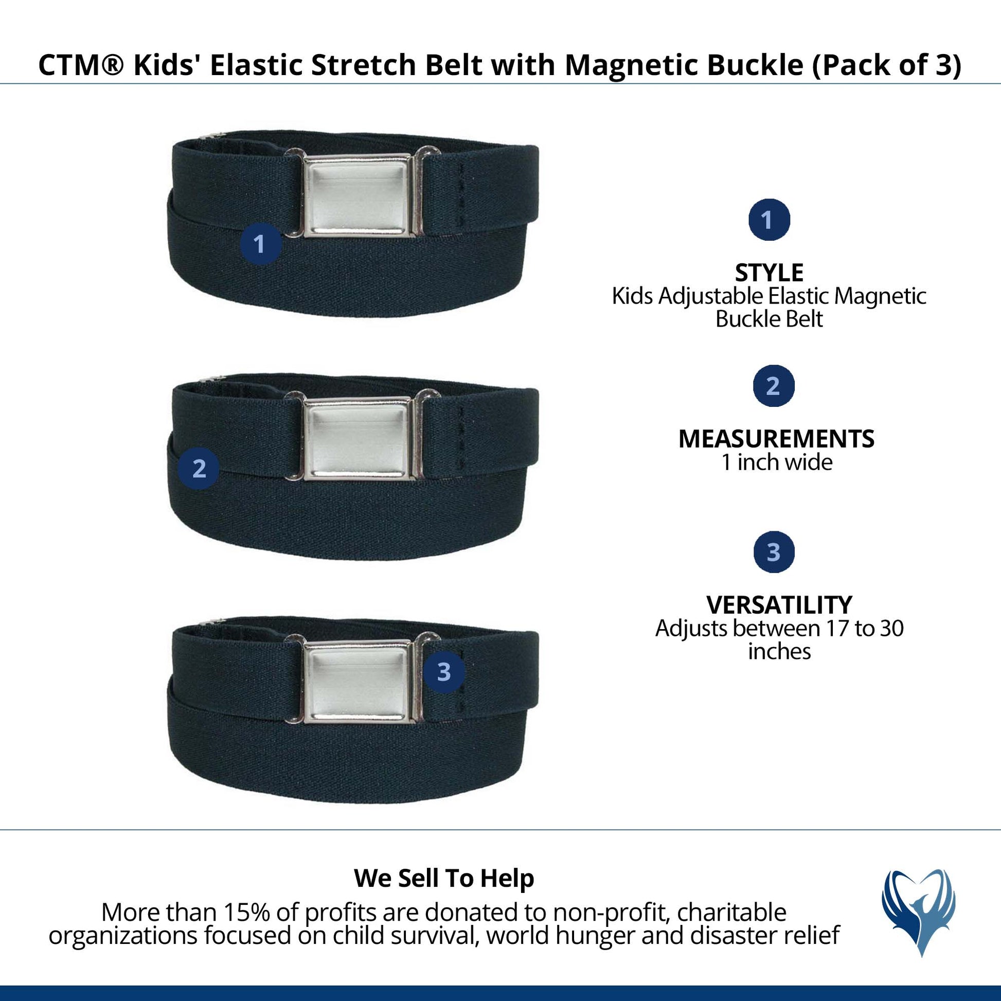 CTM® Kids' Elastic Stretch Belt with Magnetic Buckle (Pack of 3) - Navy