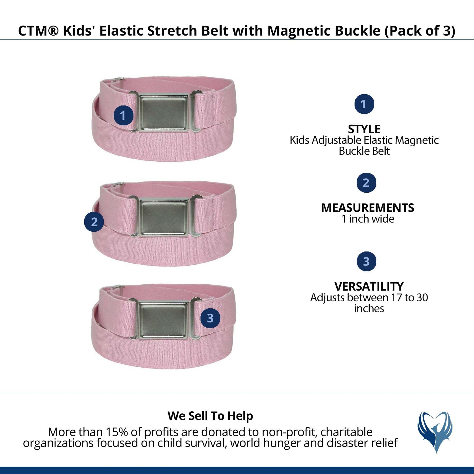CTM® Kids' Elastic Stretch Belt with Magnetic Buckle (Pack of 3) - Pink