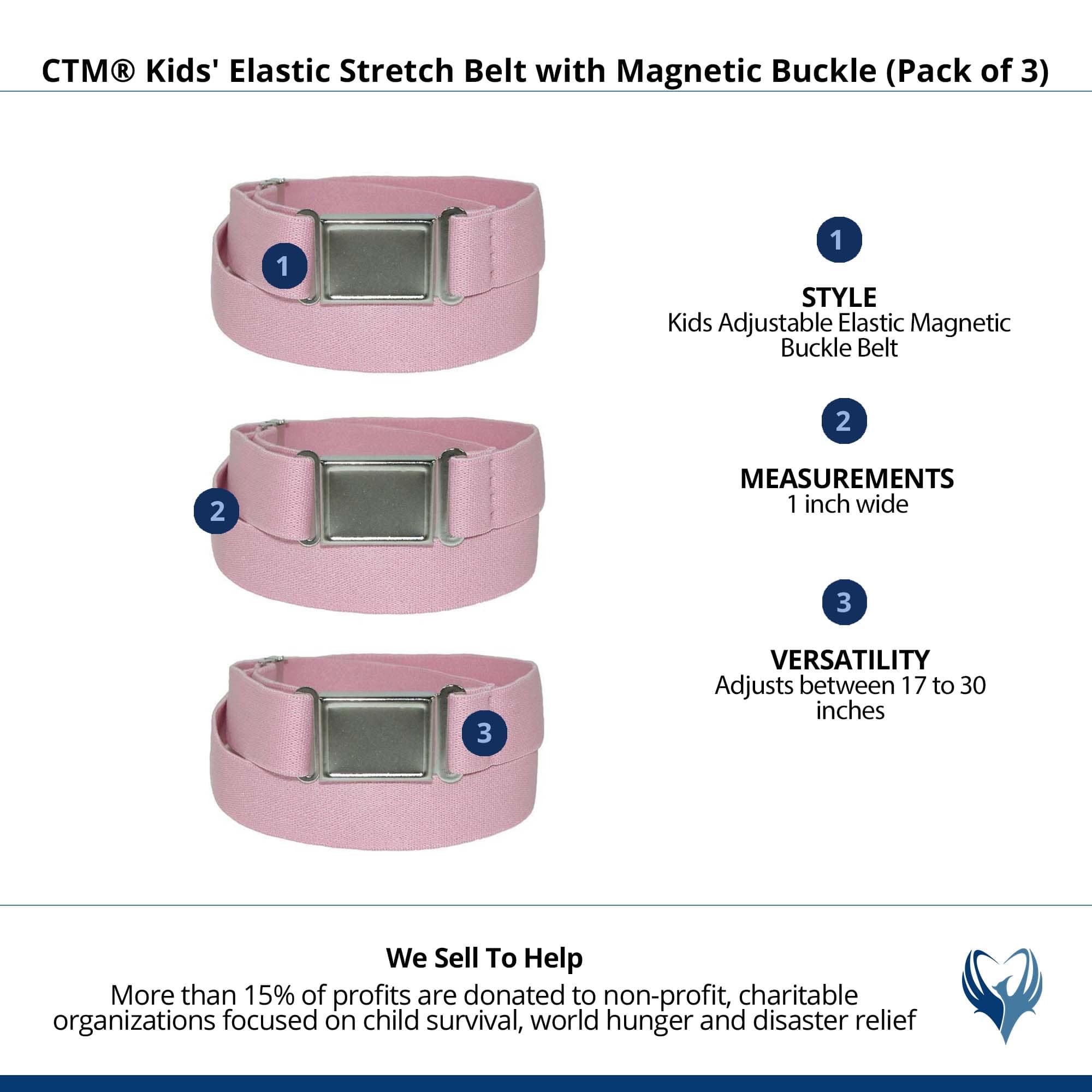 CTM® Kids' Elastic Stretch Belt with Magnetic Buckle (Pack of 3) - Pink