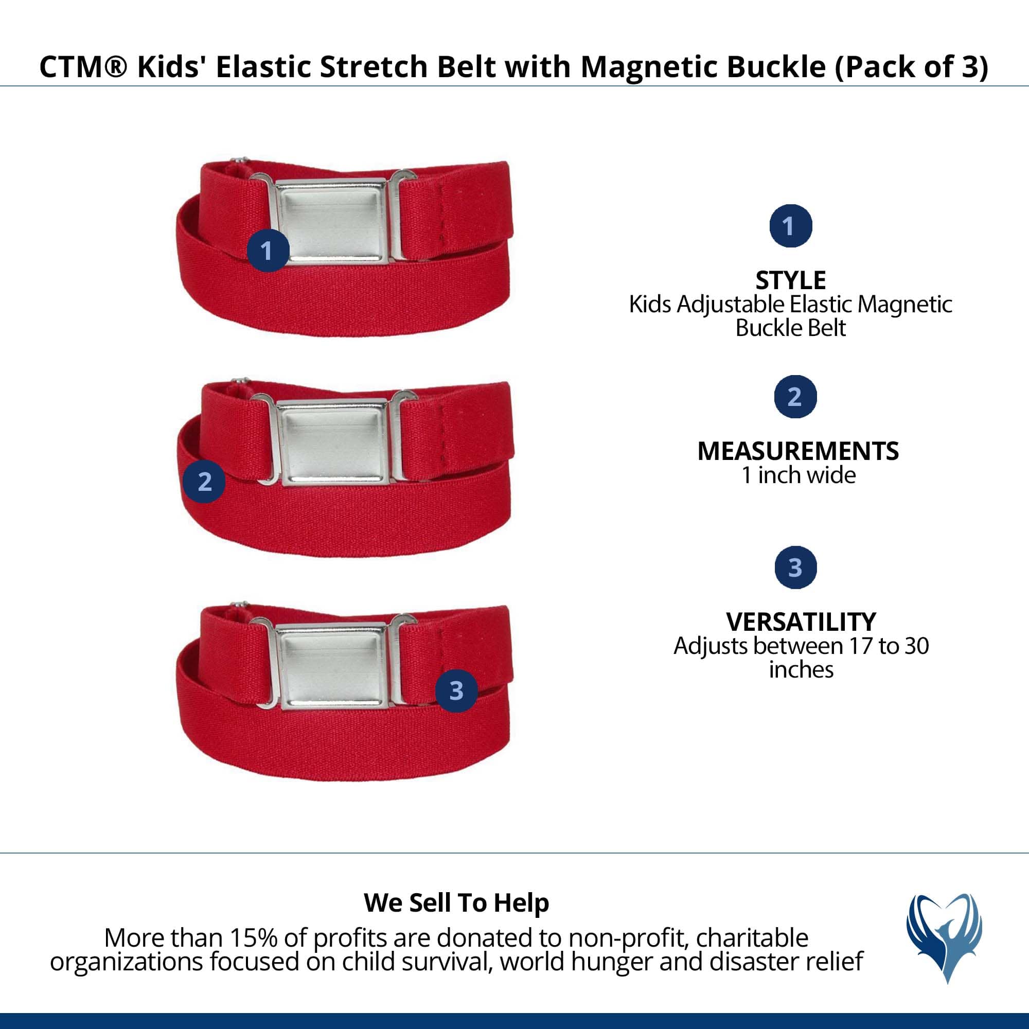 CTM® Kids' Elastic Stretch Belt with Magnetic Buckle (Pack of 3) - Red