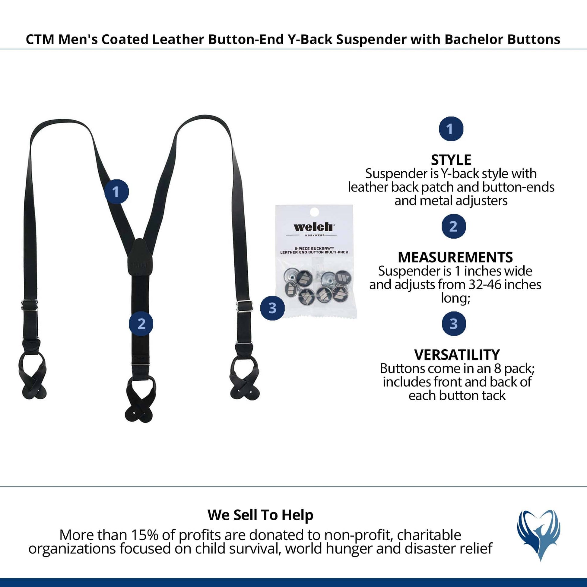 CTM® Men's Coated Leather Button-End Y-Back Suspender with Bachelor Buttons - Black