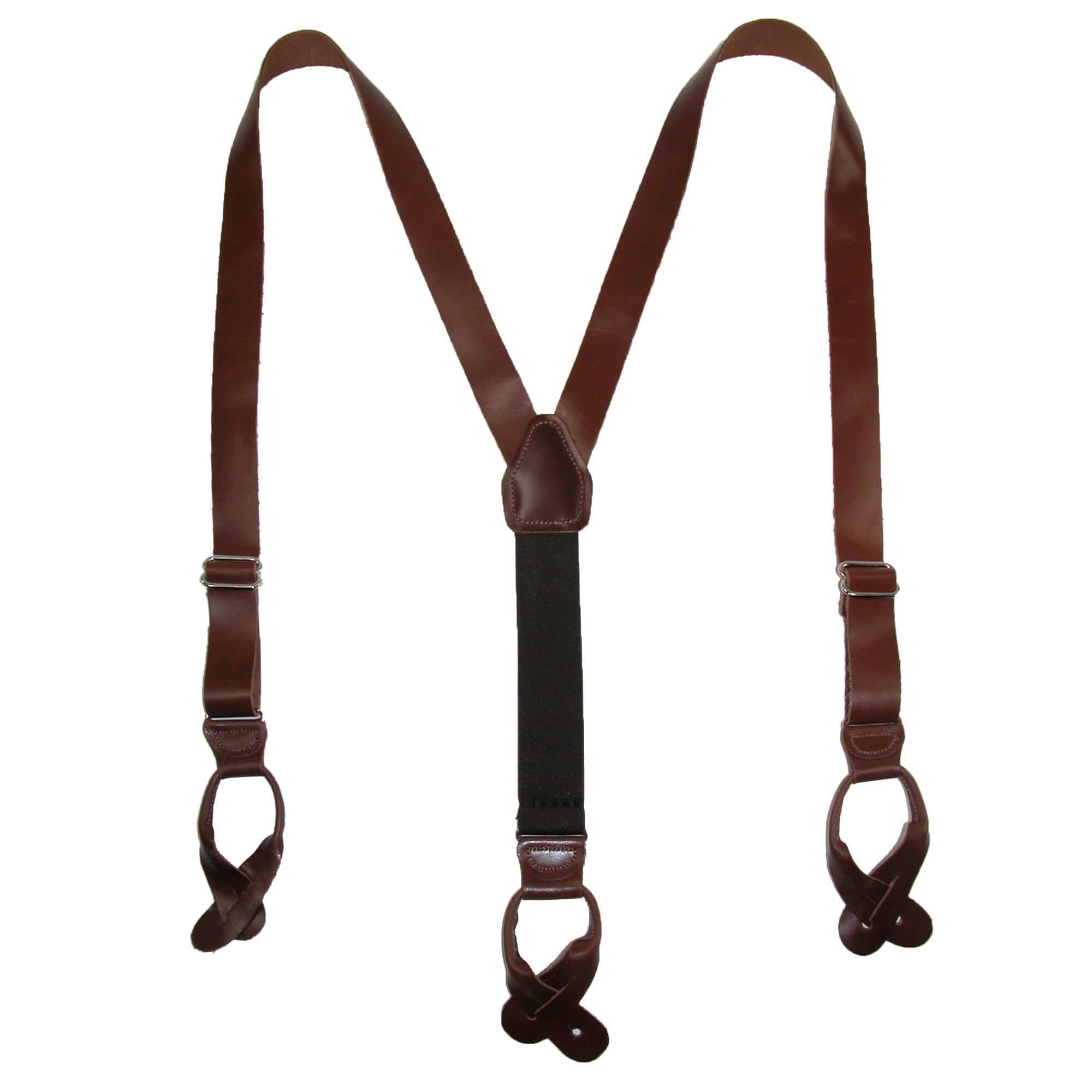 CTM® Men's Coated Leather Button-End Y-Back Suspender with Bachelor Buttons - Brown