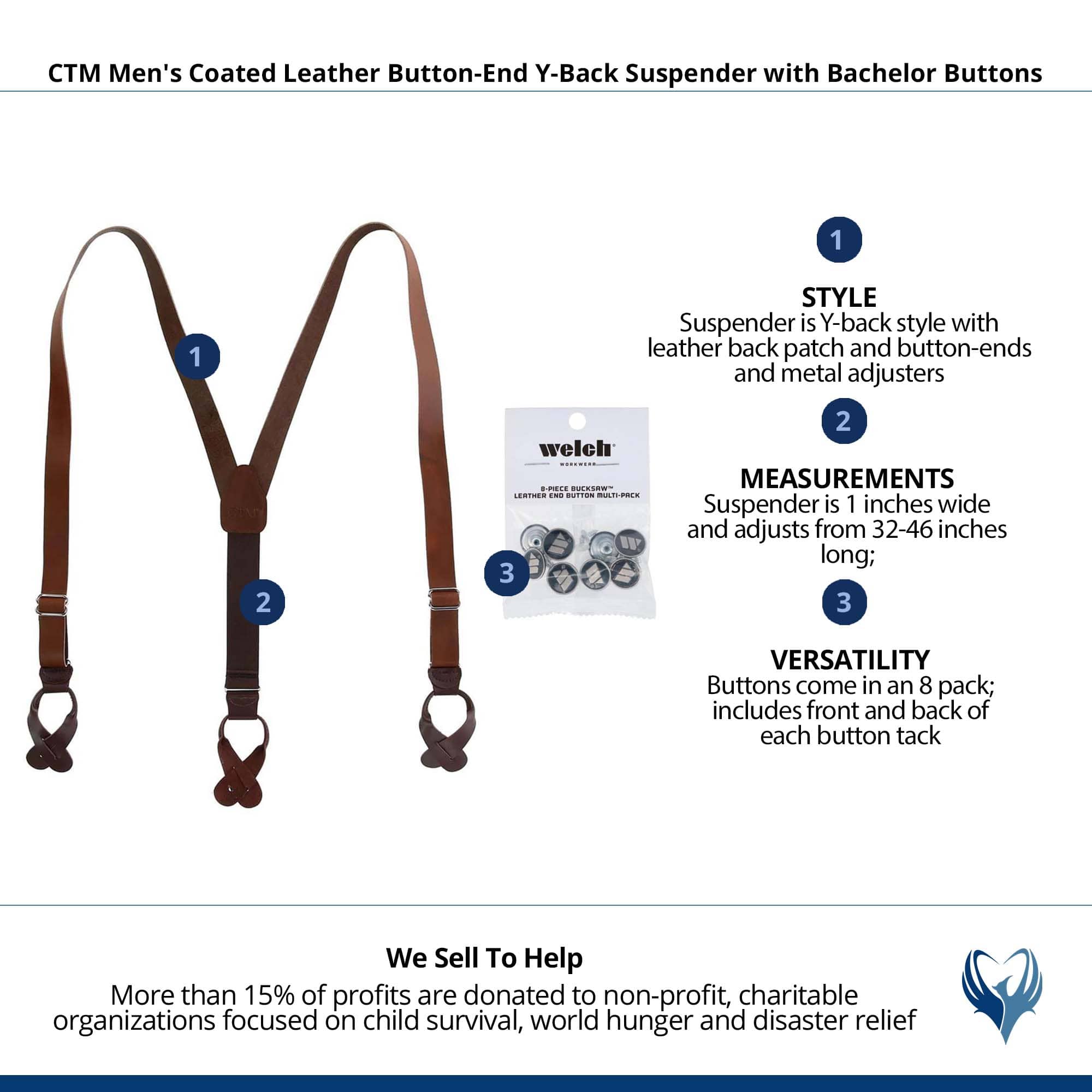 CTM® Men's Coated Leather Button-End Y-Back Suspender with Bachelor Buttons - Brown