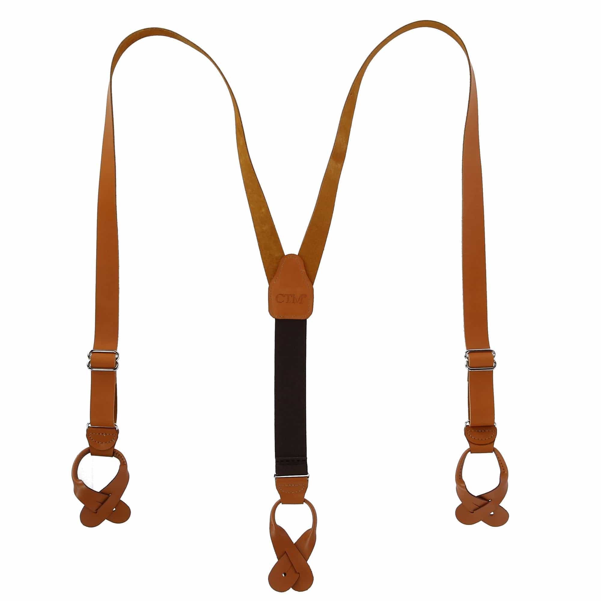 CTM® Men's Coated Leather Button-End Y-Back Suspender with Bachelor Buttons - Tan
