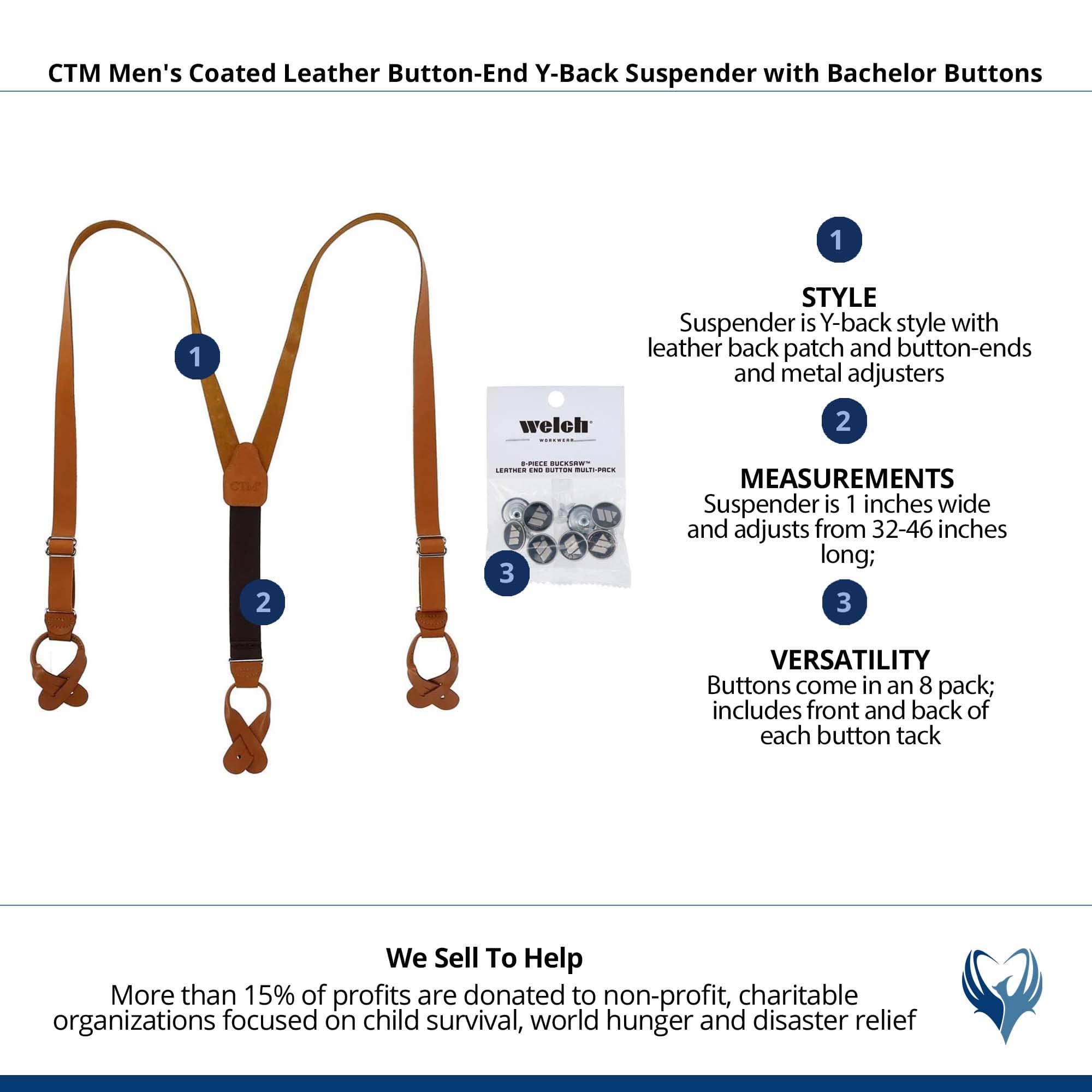 CTM® Men's Coated Leather Button-End Y-Back Suspender with Bachelor Buttons - Tan