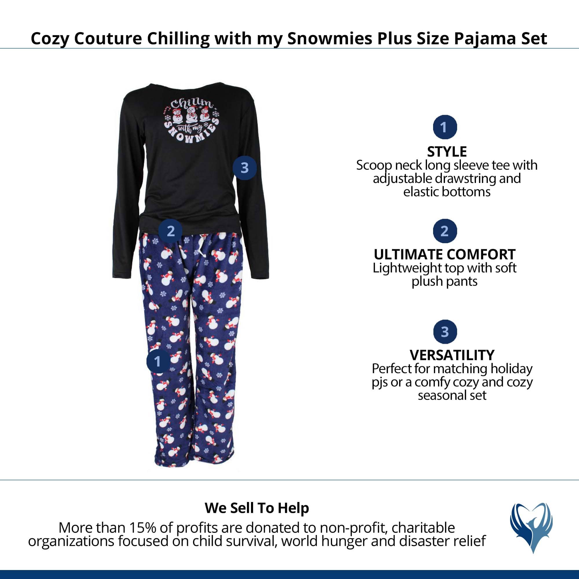 Cozy Couture Women's Chilling with my Snowmies Plus Size Pajama Set - Black