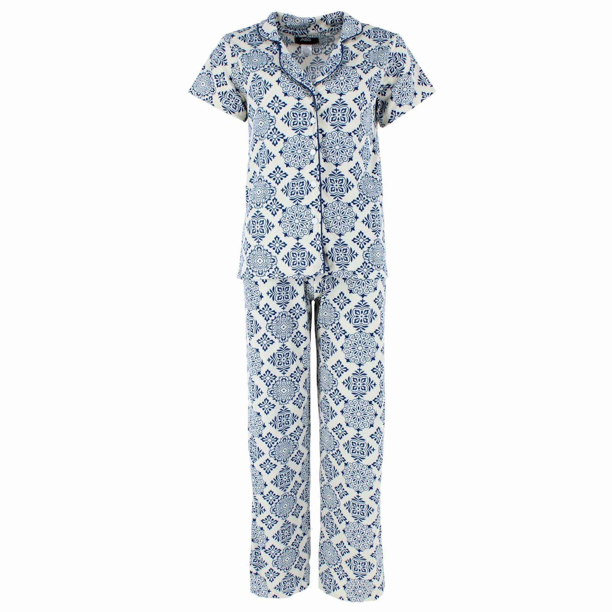 CTM® Women's Patterned Button Down Short Sleeve Pajama Set - Blue Greek
