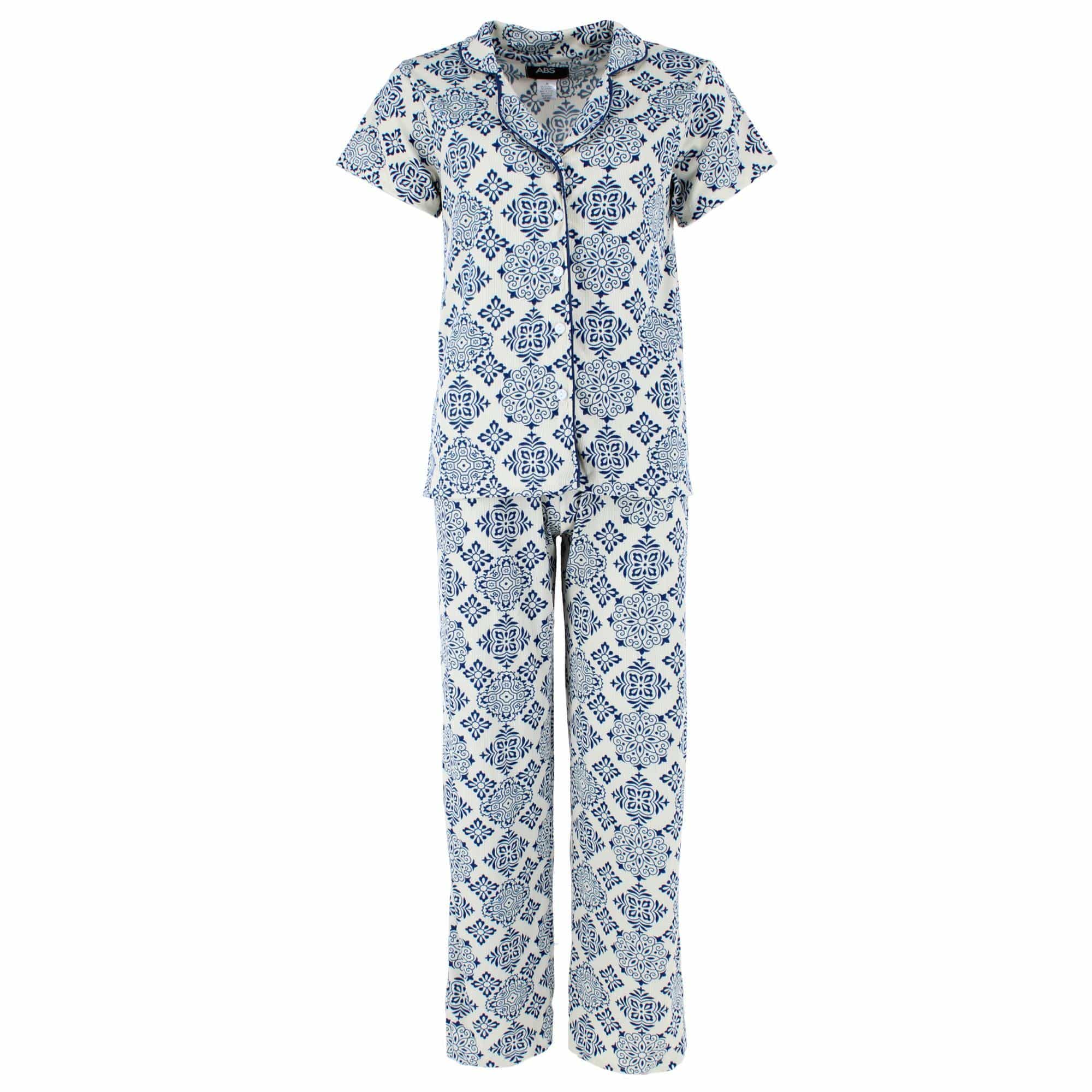 CTM® Women's Patterned Button Down Short Sleeve Pajama Set - Blue Greek