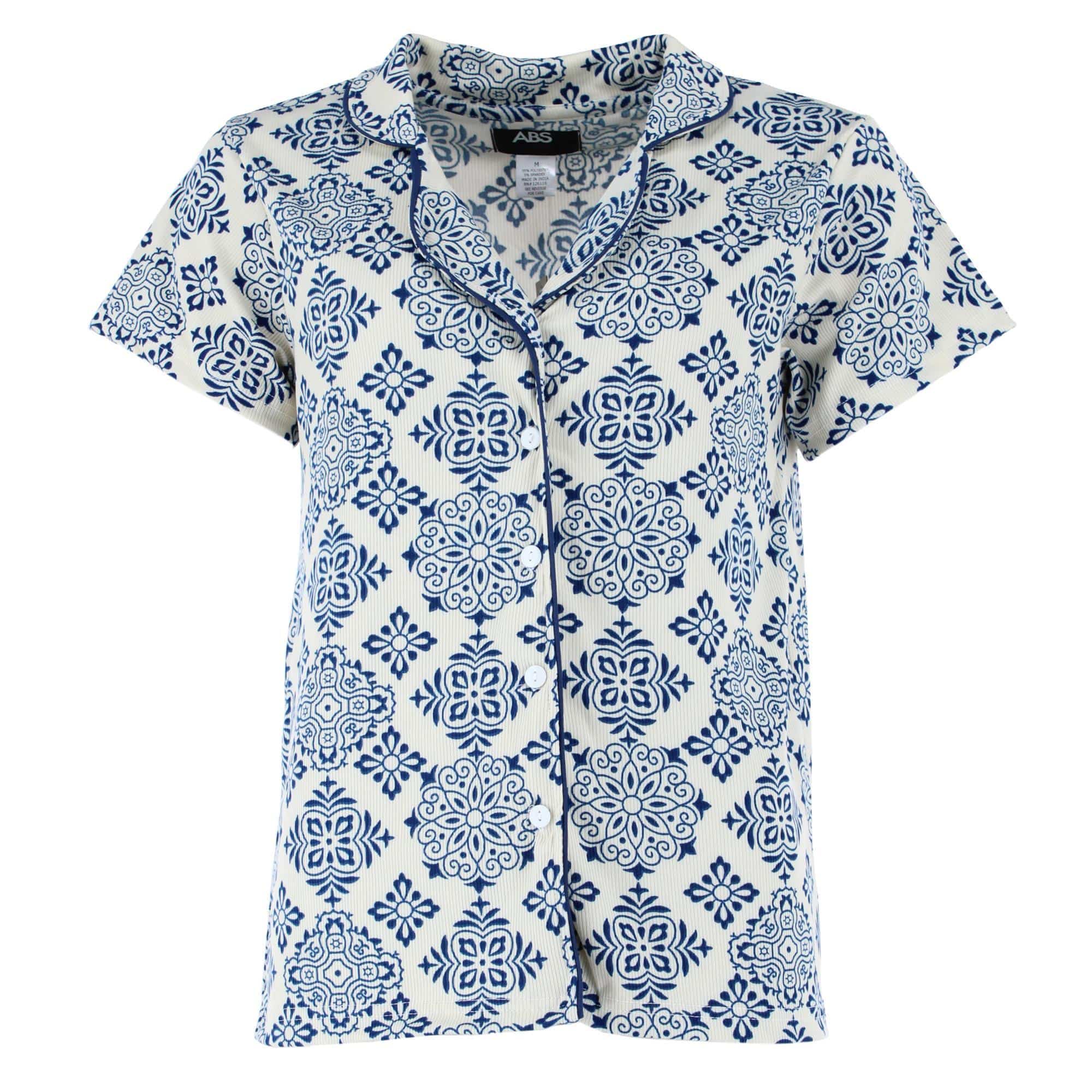 CTM® Women's Patterned Button Down Short Sleeve Pajama Set - Blue Greek