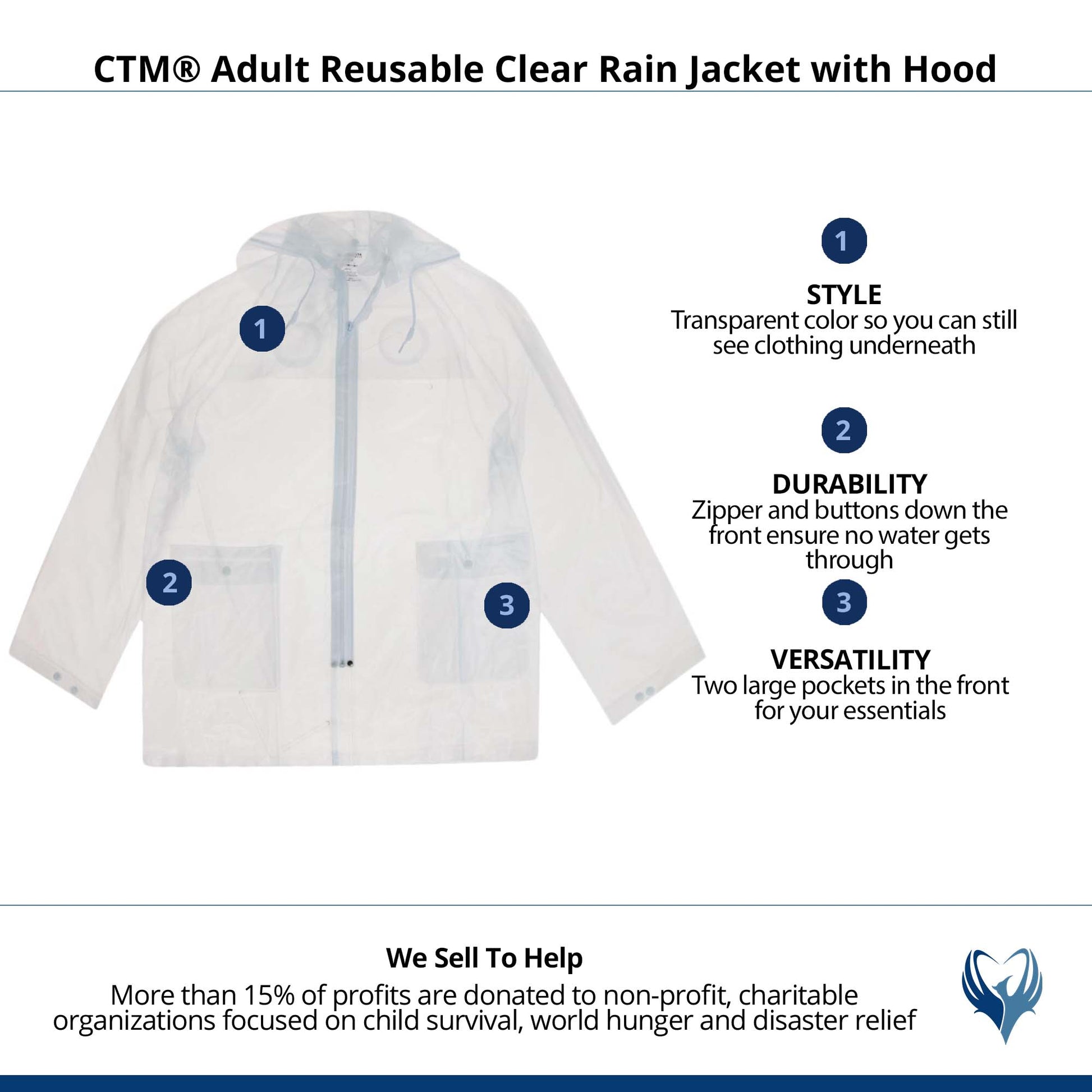 CTM® Adult Reusable Clear Rain Jacket with Hood - Clear