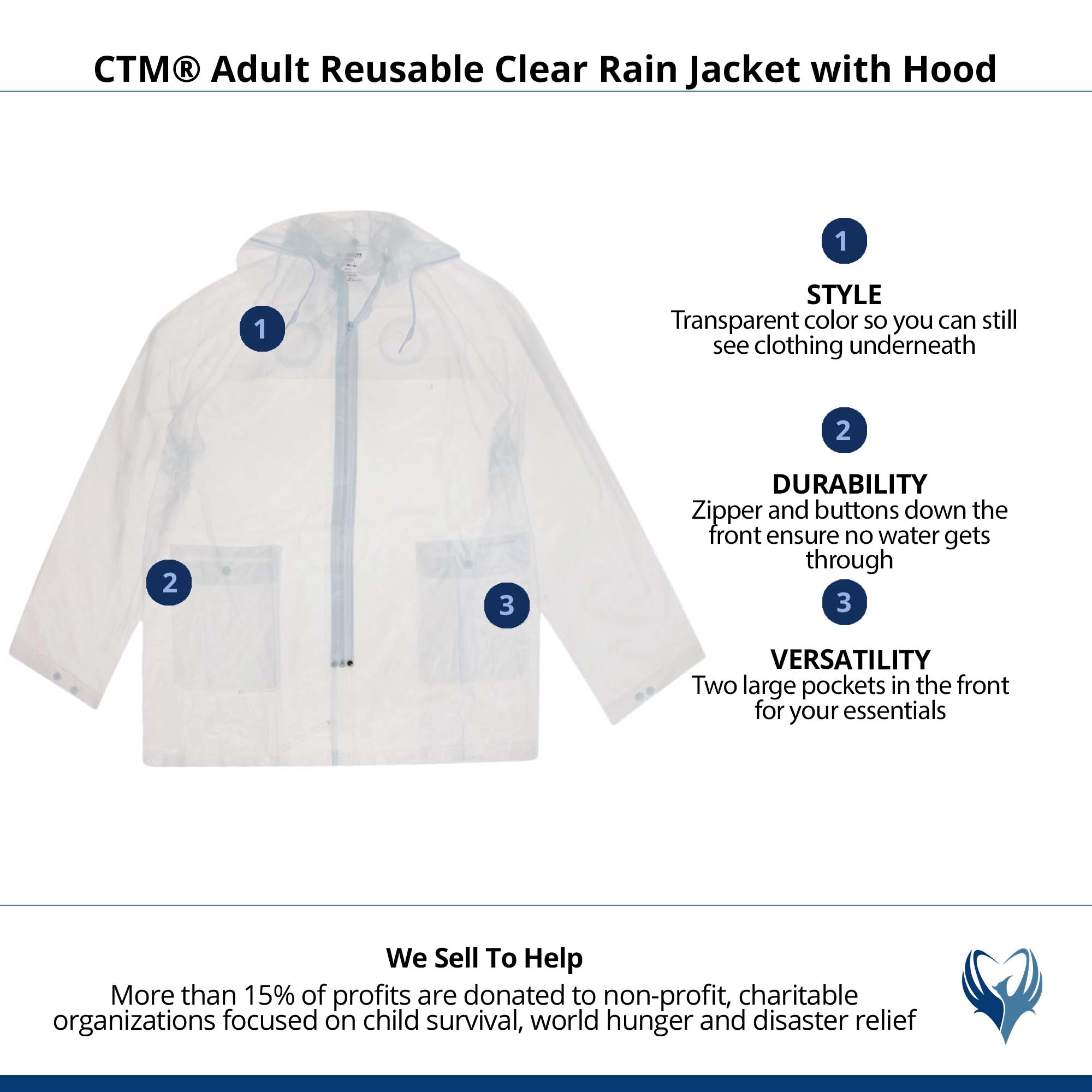 CTM® Adult Reusable Clear Rain Jacket with Hood - Clear