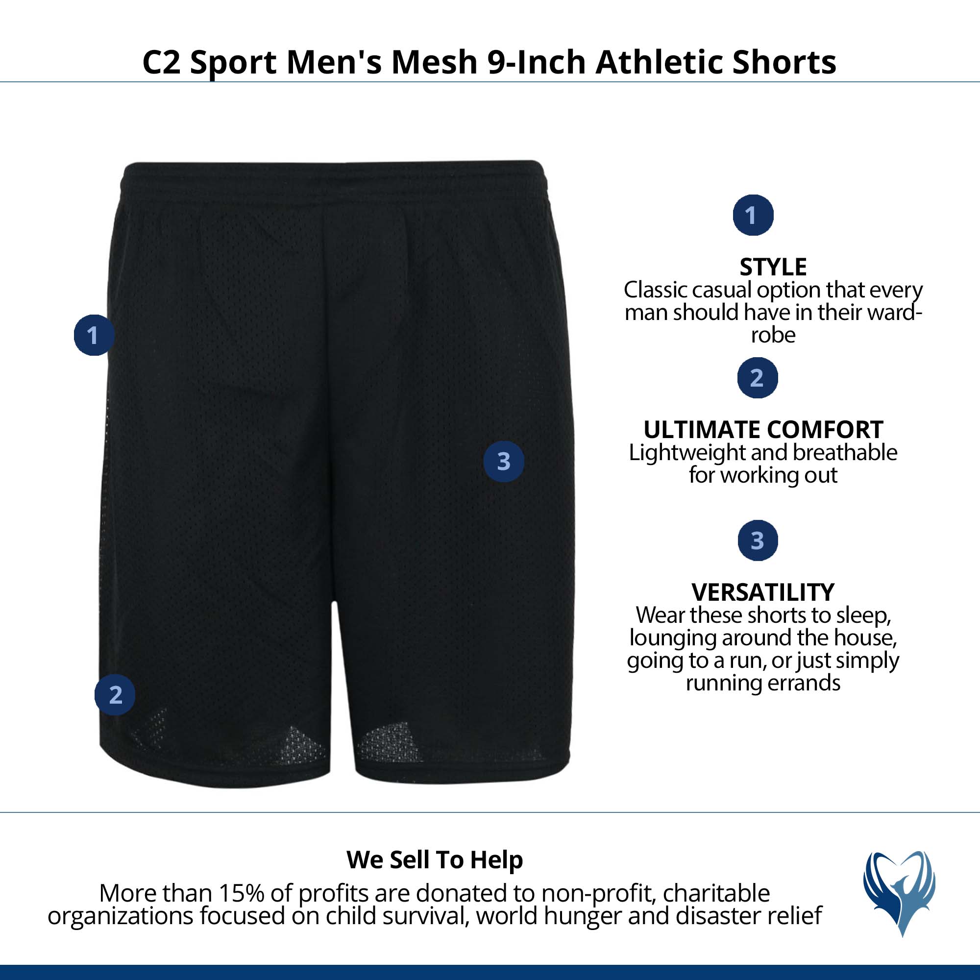 C2 Sport Men's Mesh 9-Inch Athletic Shorts - Black