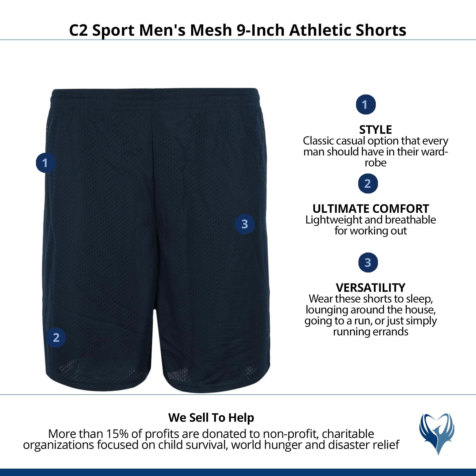 C2 Sport Men's Mesh 9-Inch Athletic Shorts - Navy