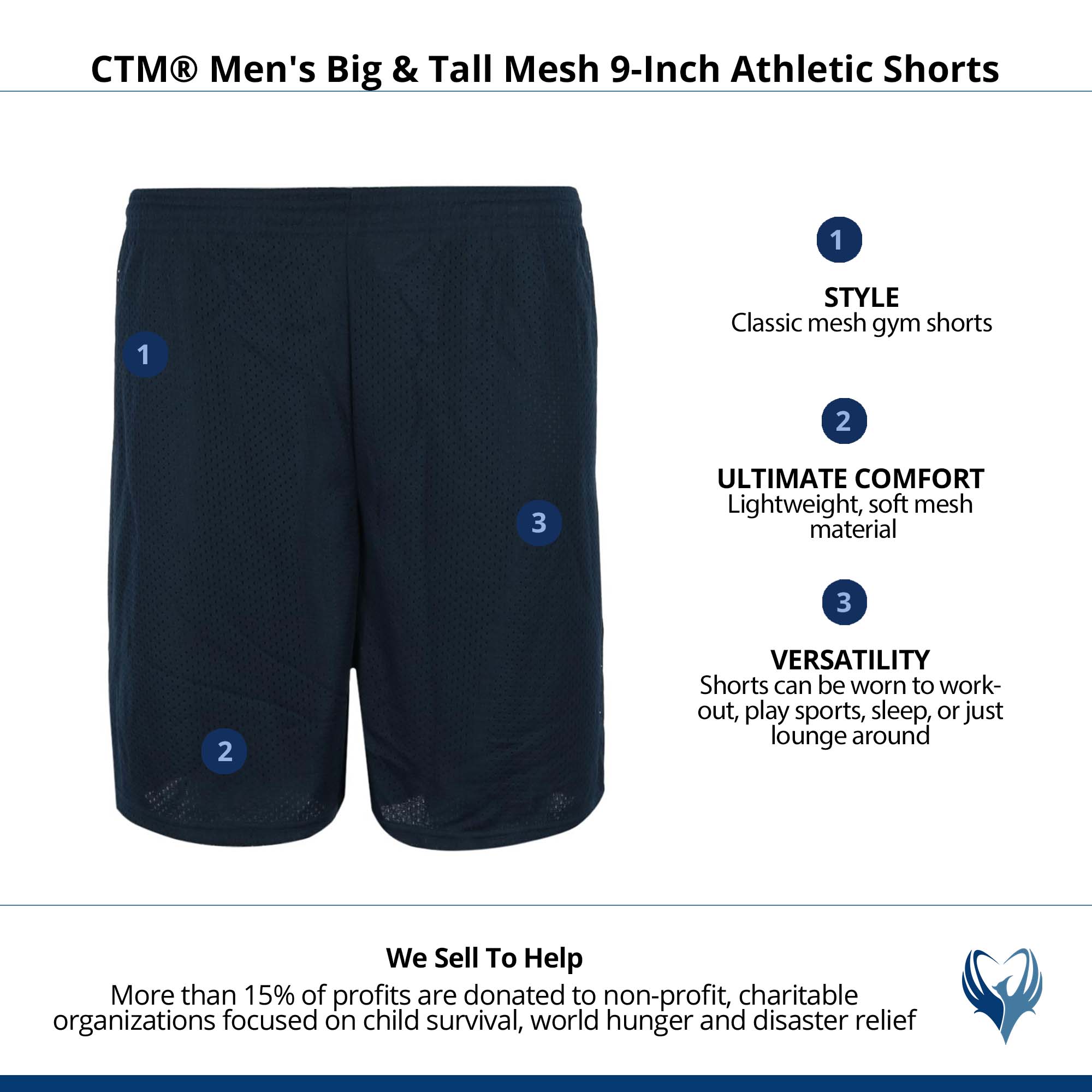 CTM® Men's Big & Tall Mesh 9-Inch Athletic Shorts - Navy