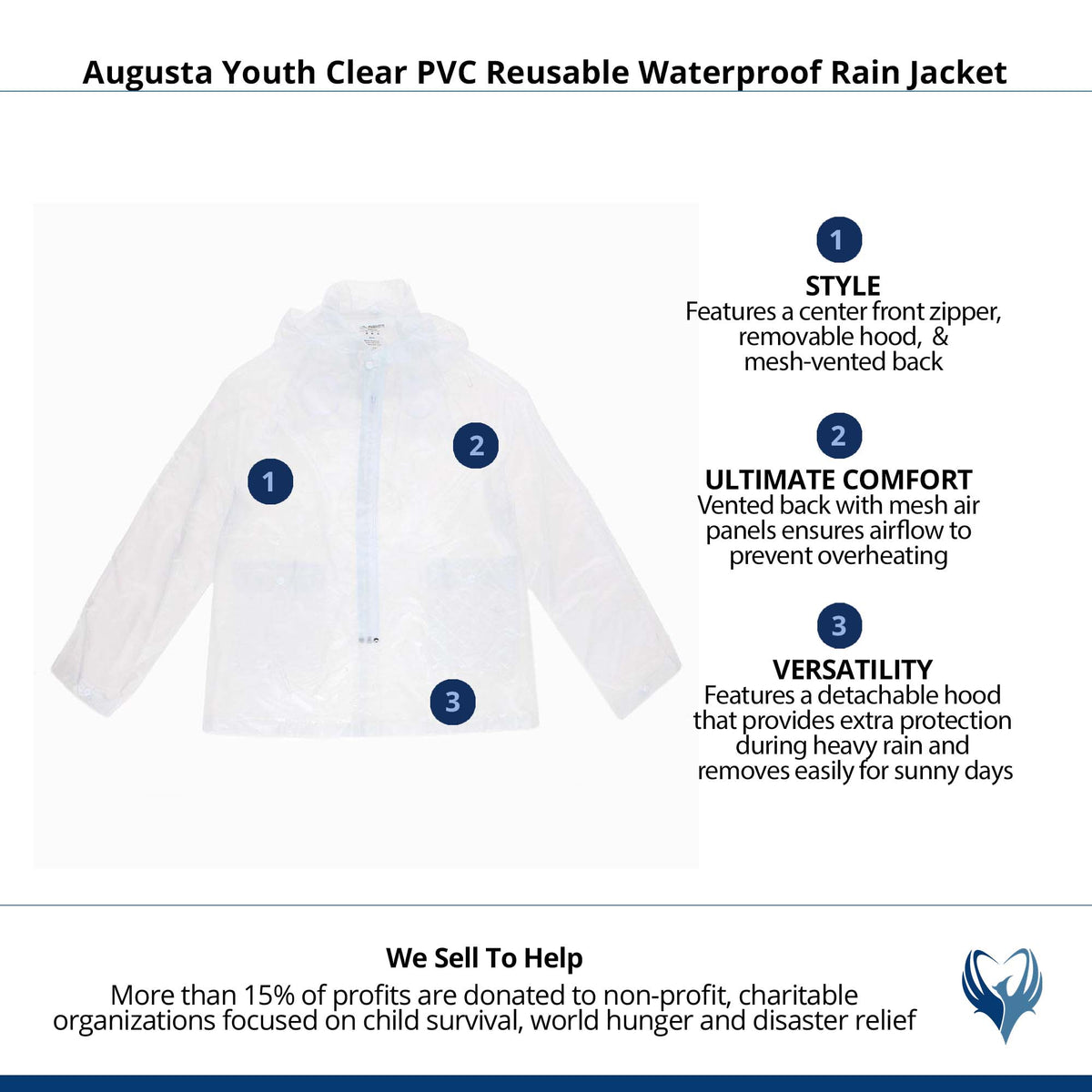 Augusta Youth Clear PVC Reusable Waterproof Rain Jacket - Clear