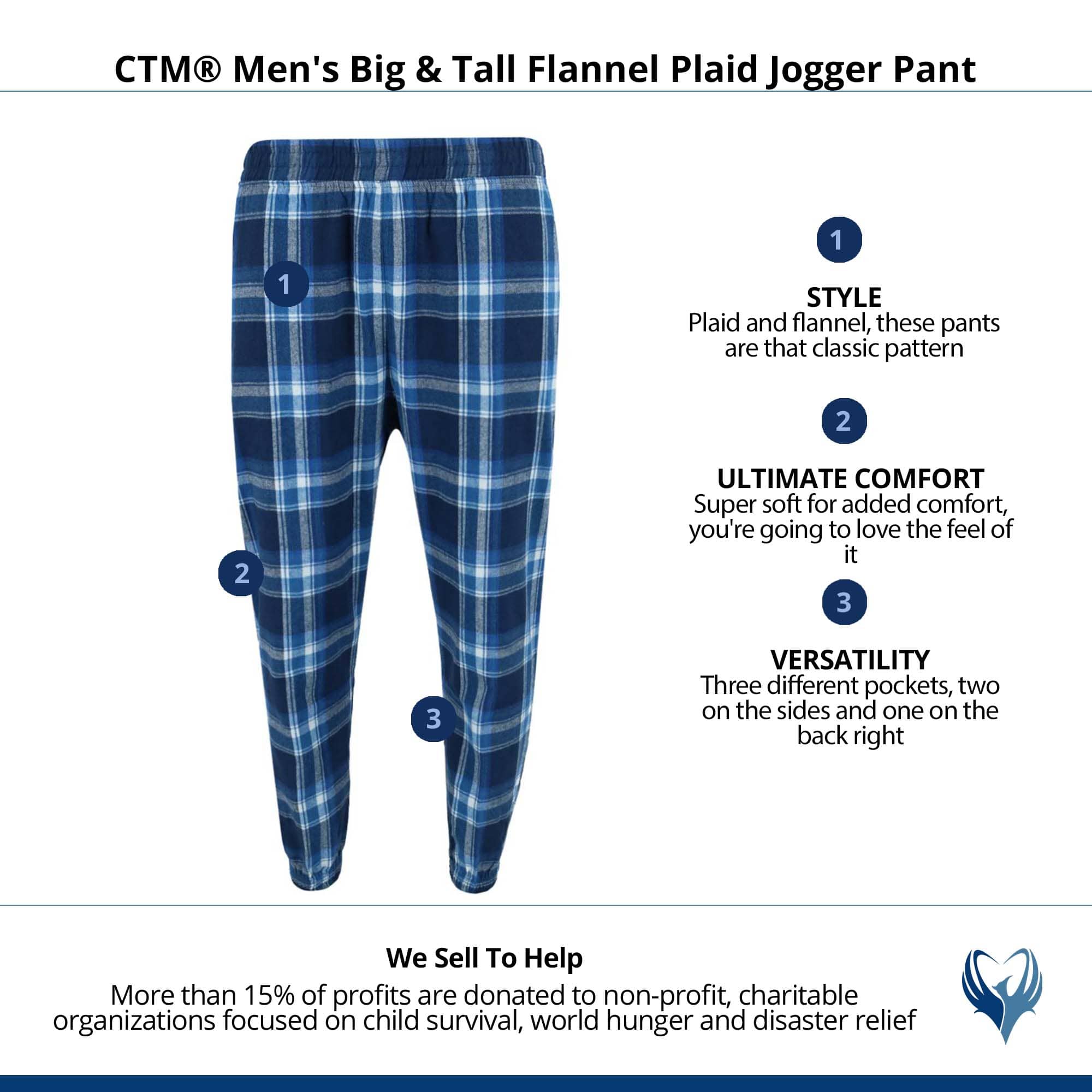 CTM® Men's Big & Tall Flannel Plaid Jogger Pant - Blue/White