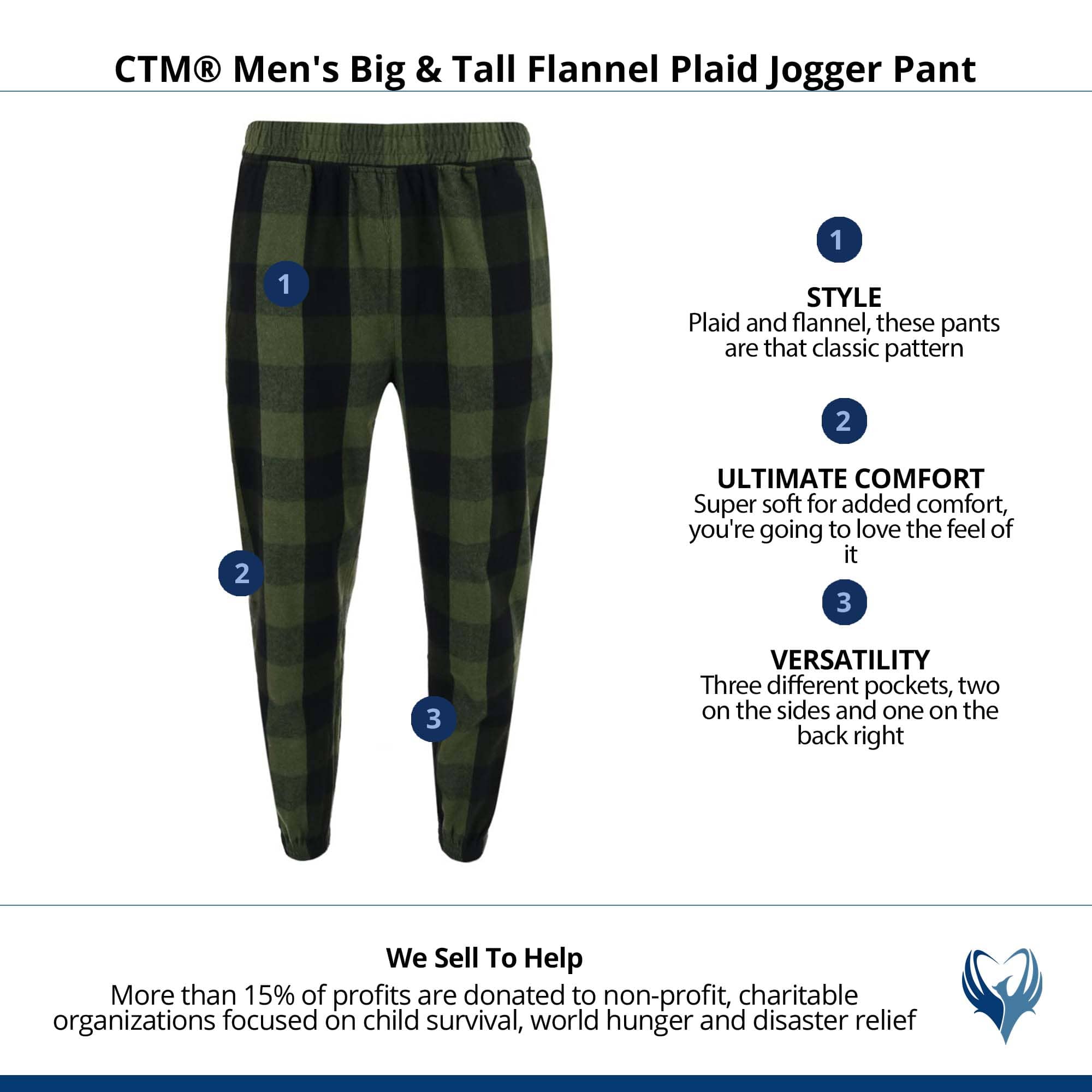 CTM® Men's Big & Tall Flannel Plaid Jogger Pant - Army/Black