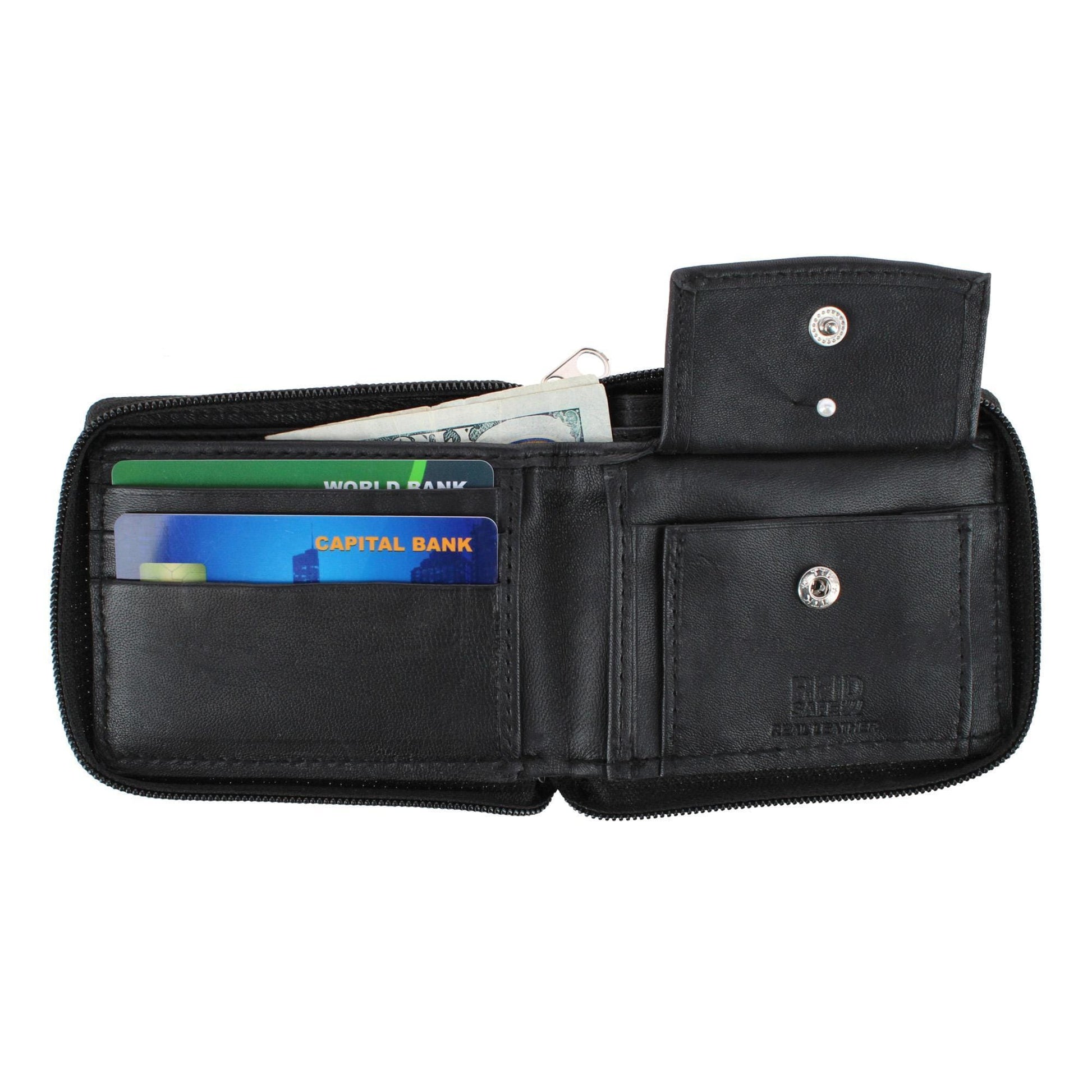 CTM® Leather Zip-Around Bifold Wallet with Coin Pocket - Black