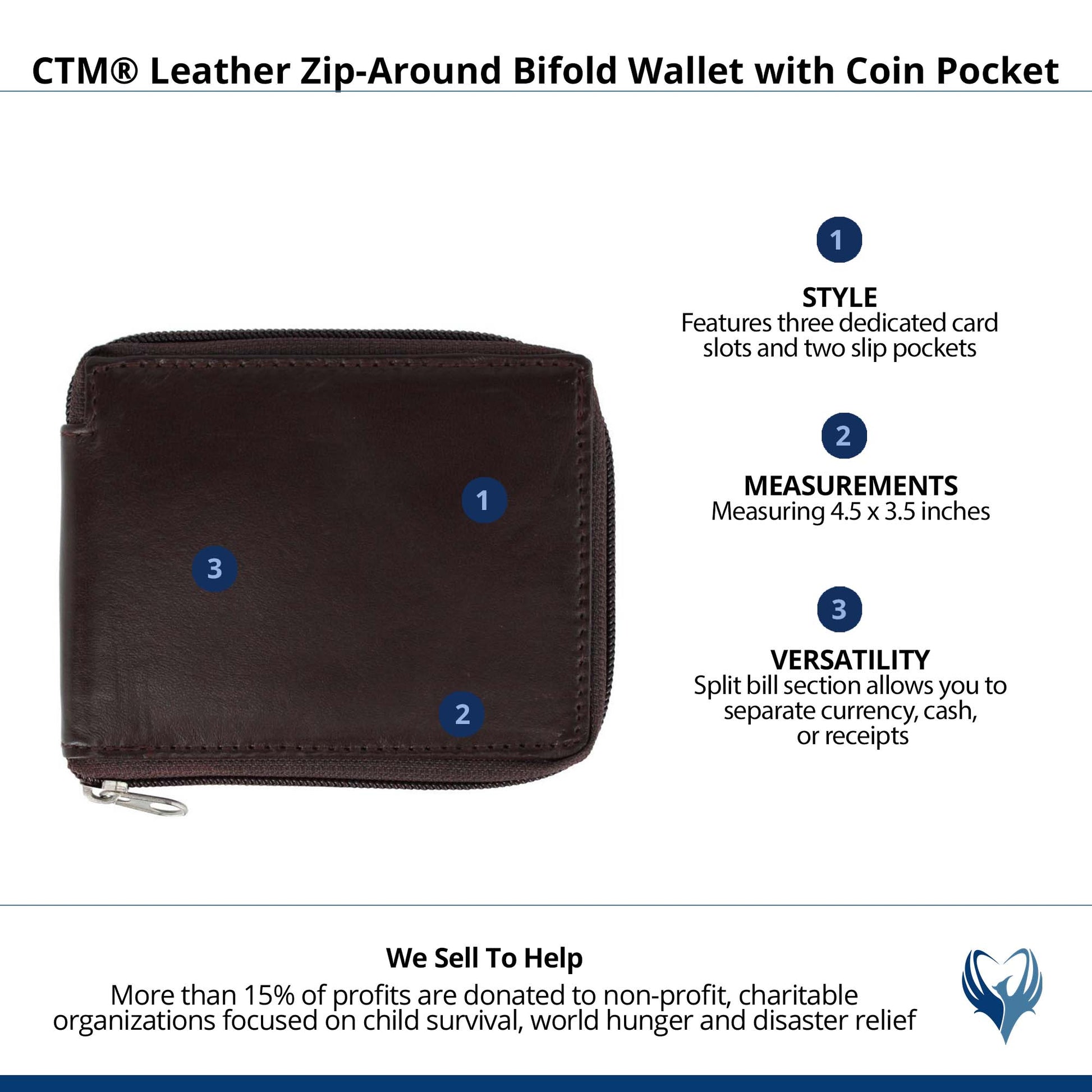 CTM® Leather Zip-Around Bifold Wallet with Coin Pocket - Brown
