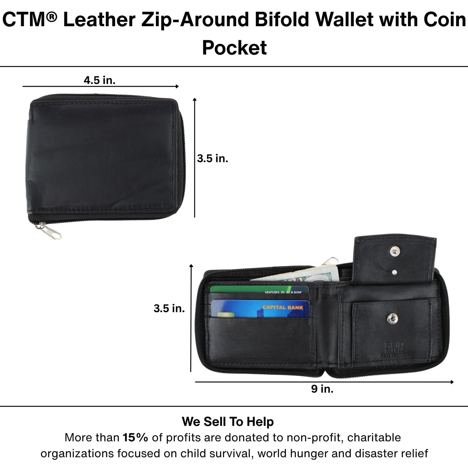 CTM® Leather Zip-Around Bifold Wallet with Coin Pocket - Black