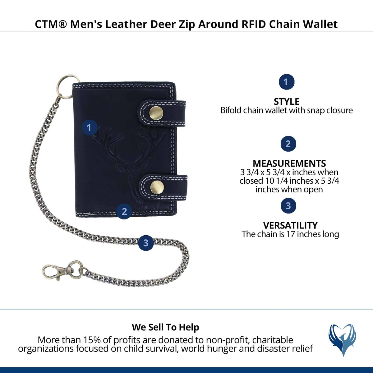 CTM® Men's Leather Deer Zip Around RFID Chain Wallet - Black