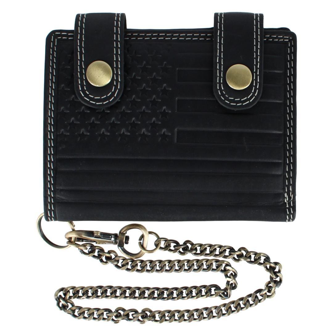 CTM® Men's Leather American Flag Bifold Chain Wallet with Snap Closure - Black