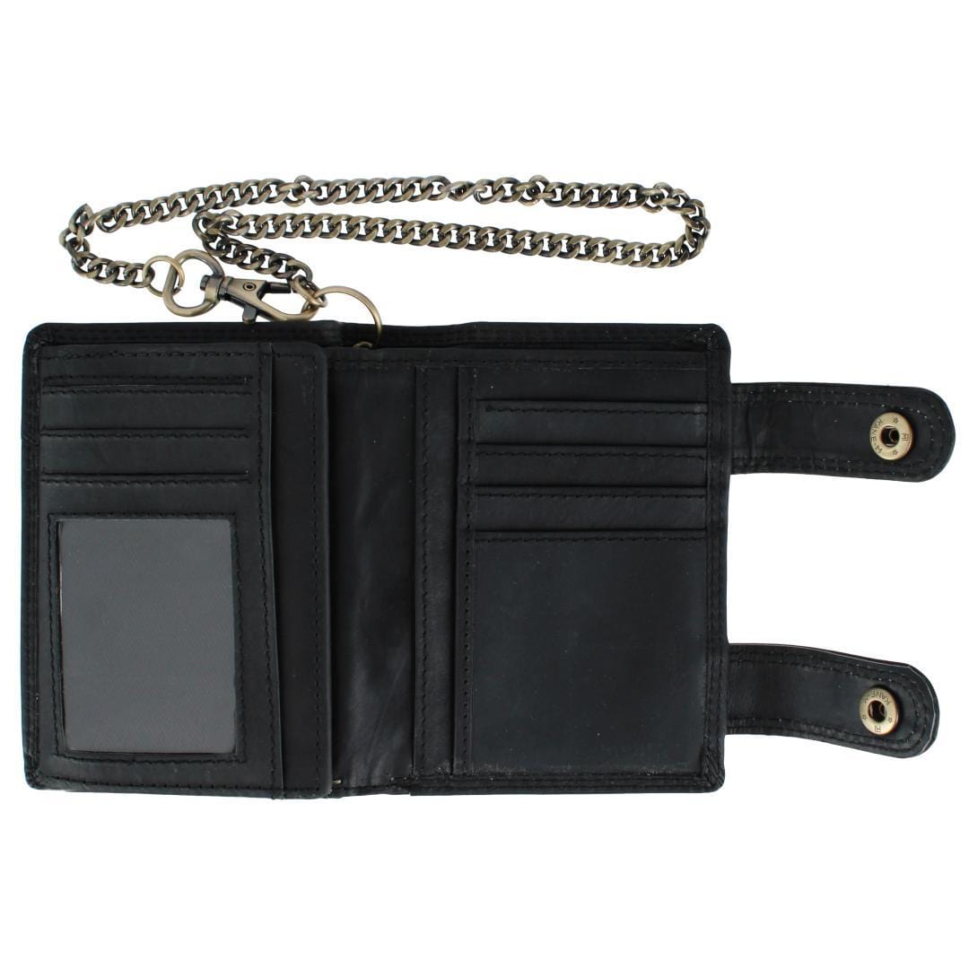 CTM® Men's Leather American Flag Bifold Chain Wallet with Snap Closure - Black