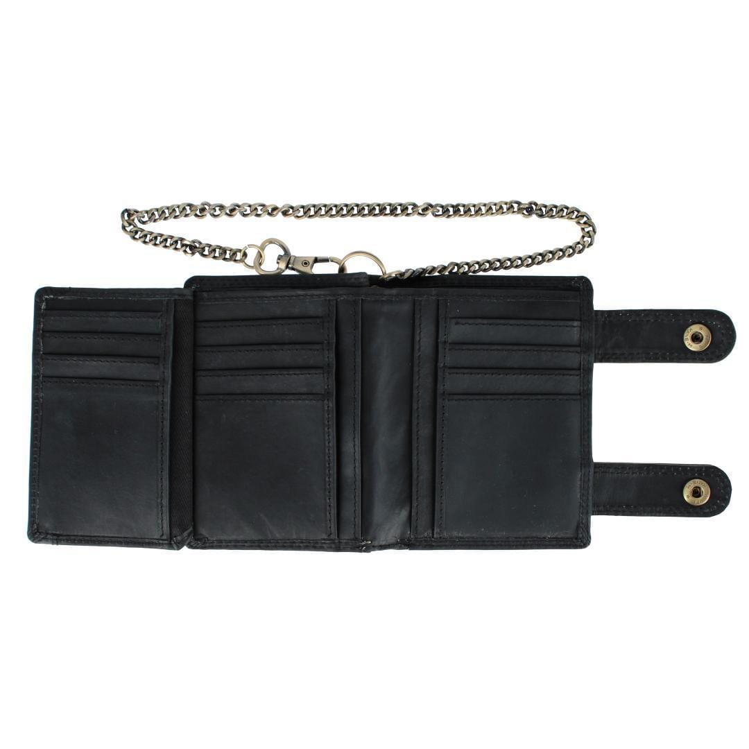 CTM® Men's Leather American Flag Bifold Chain Wallet with Snap Closure - Black