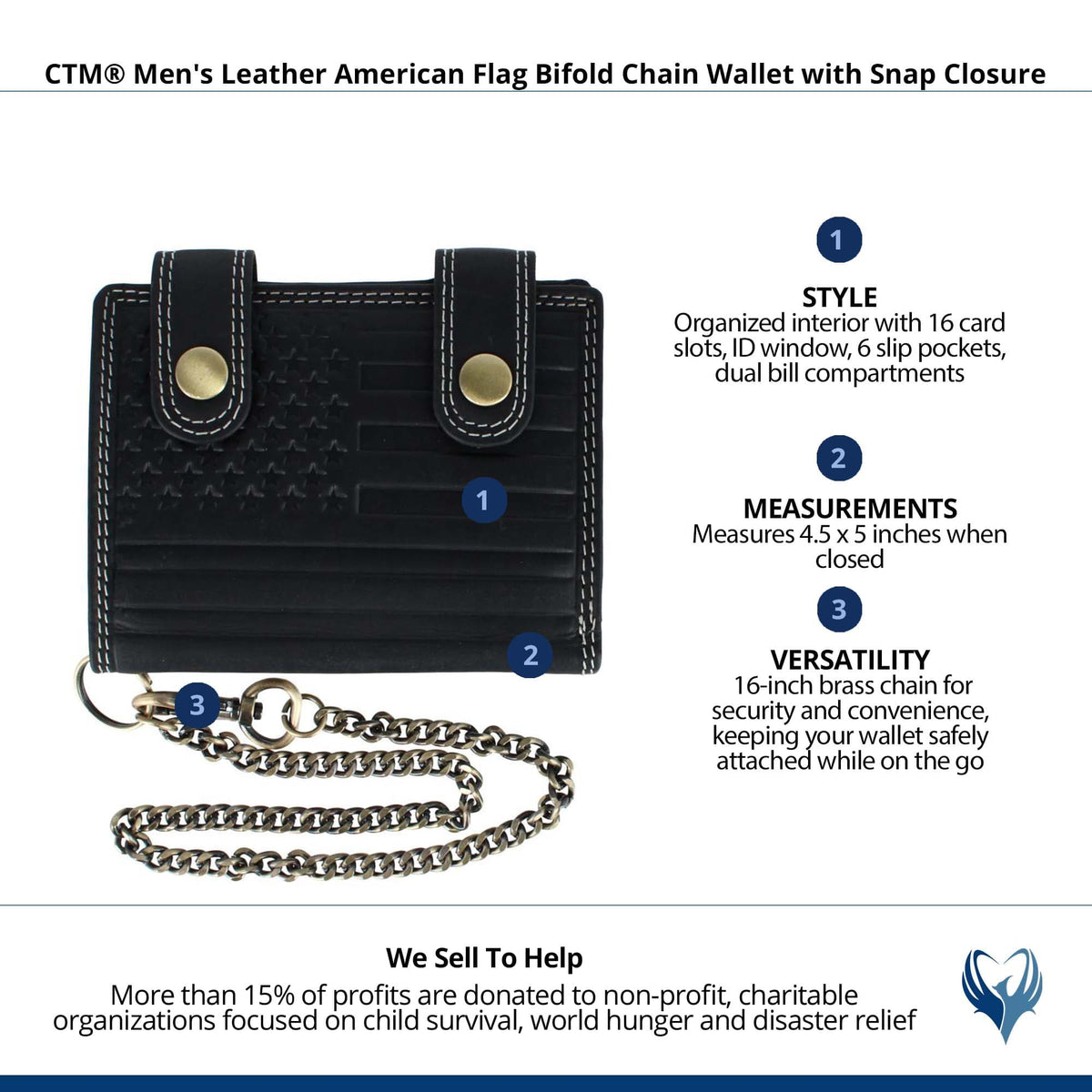 CTM® Men's Leather American Flag Bifold Chain Wallet with Snap Closure - Black