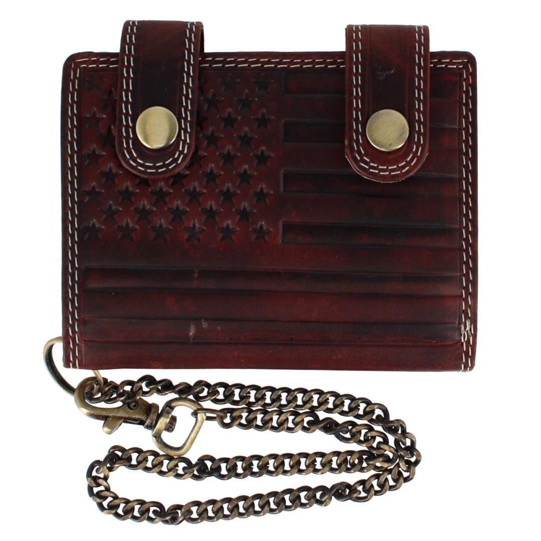 CTM® Men's Leather American Flag Bifold Chain Wallet with Snap Closure