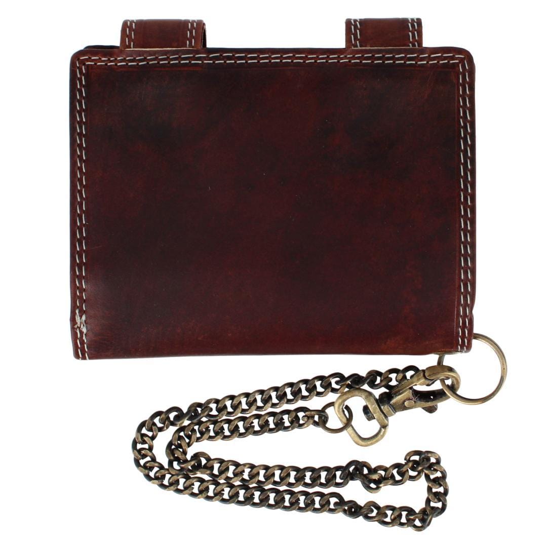 CTM® Men's Leather American Flag Bifold Chain Wallet with Snap Closure - Brown