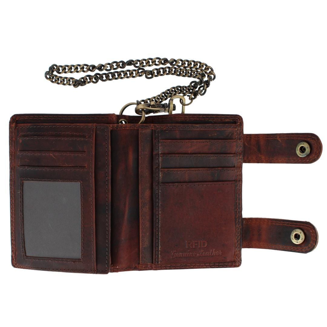 CTM® Men's Leather American Flag Bifold Chain Wallet with Snap Closure - Brown