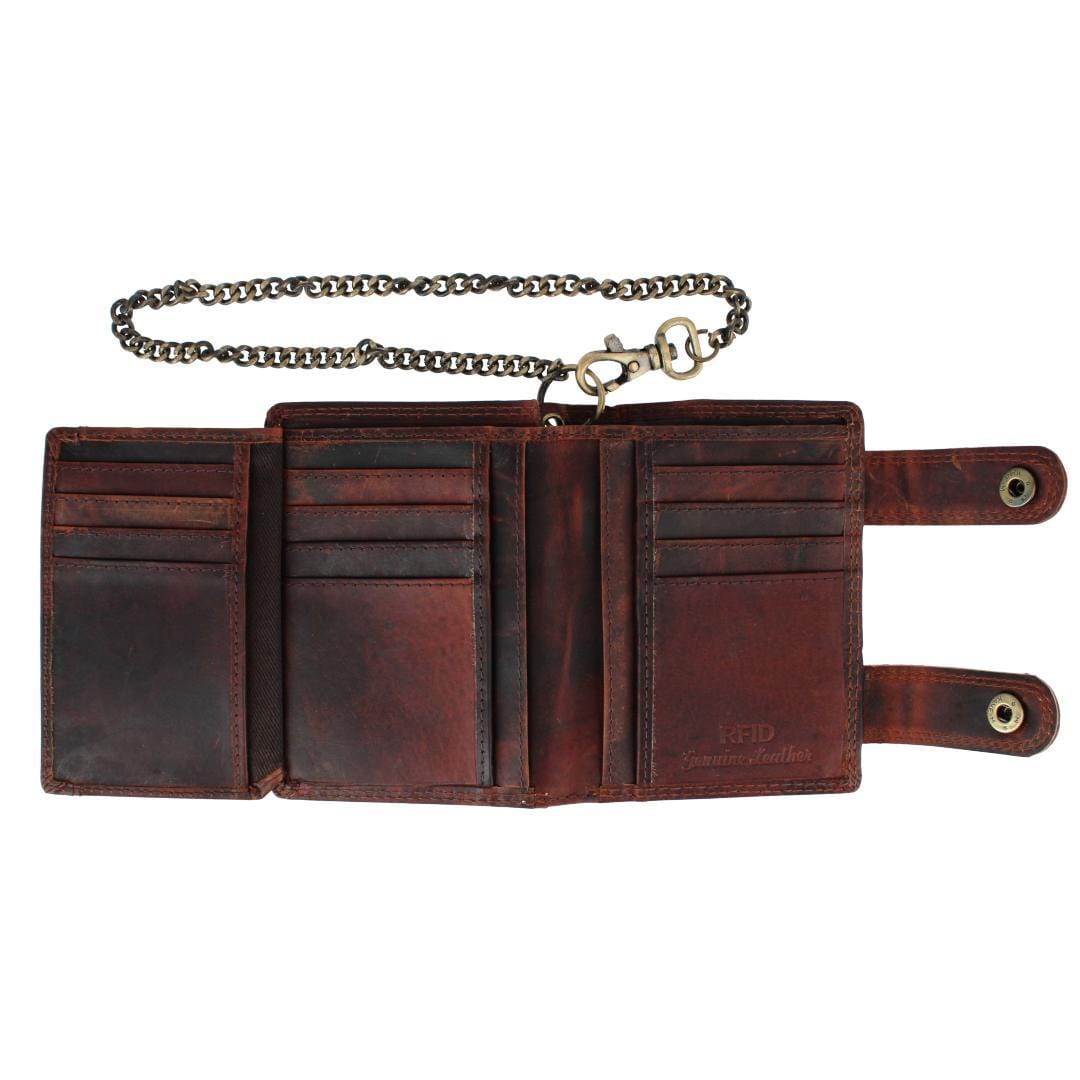 CTM® Men's Leather American Flag Bifold Chain Wallet with Snap Closure - Brown