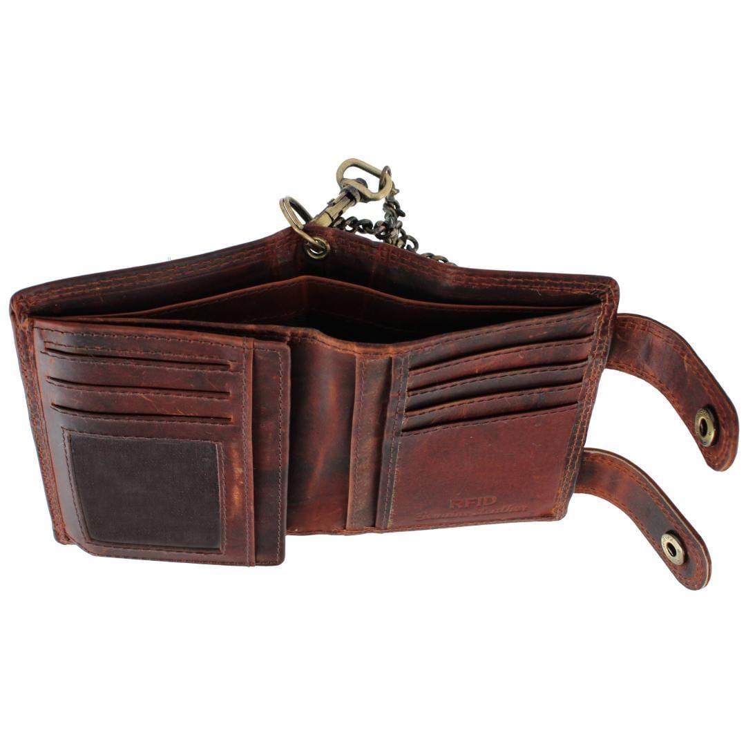 CTM® Men's Leather American Flag Bifold Chain Wallet with Snap Closure - Brown