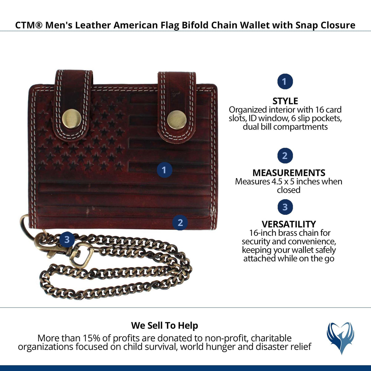 CTM® Men's Leather American Flag Bifold Chain Wallet with Snap Closure - Brown