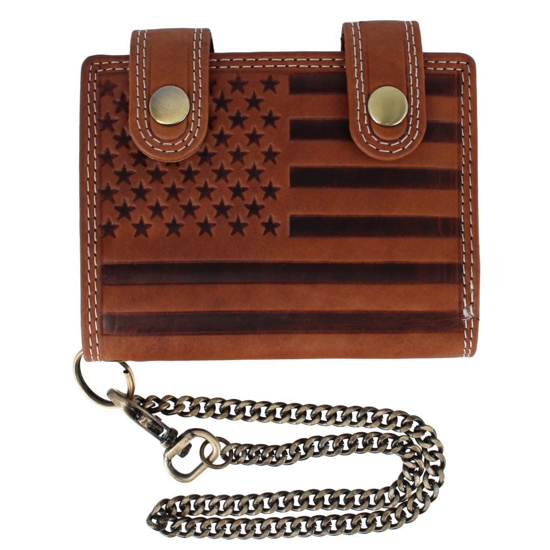 CTM® Men's Leather American Flag Bifold Chain Wallet with Snap Closure - Tan