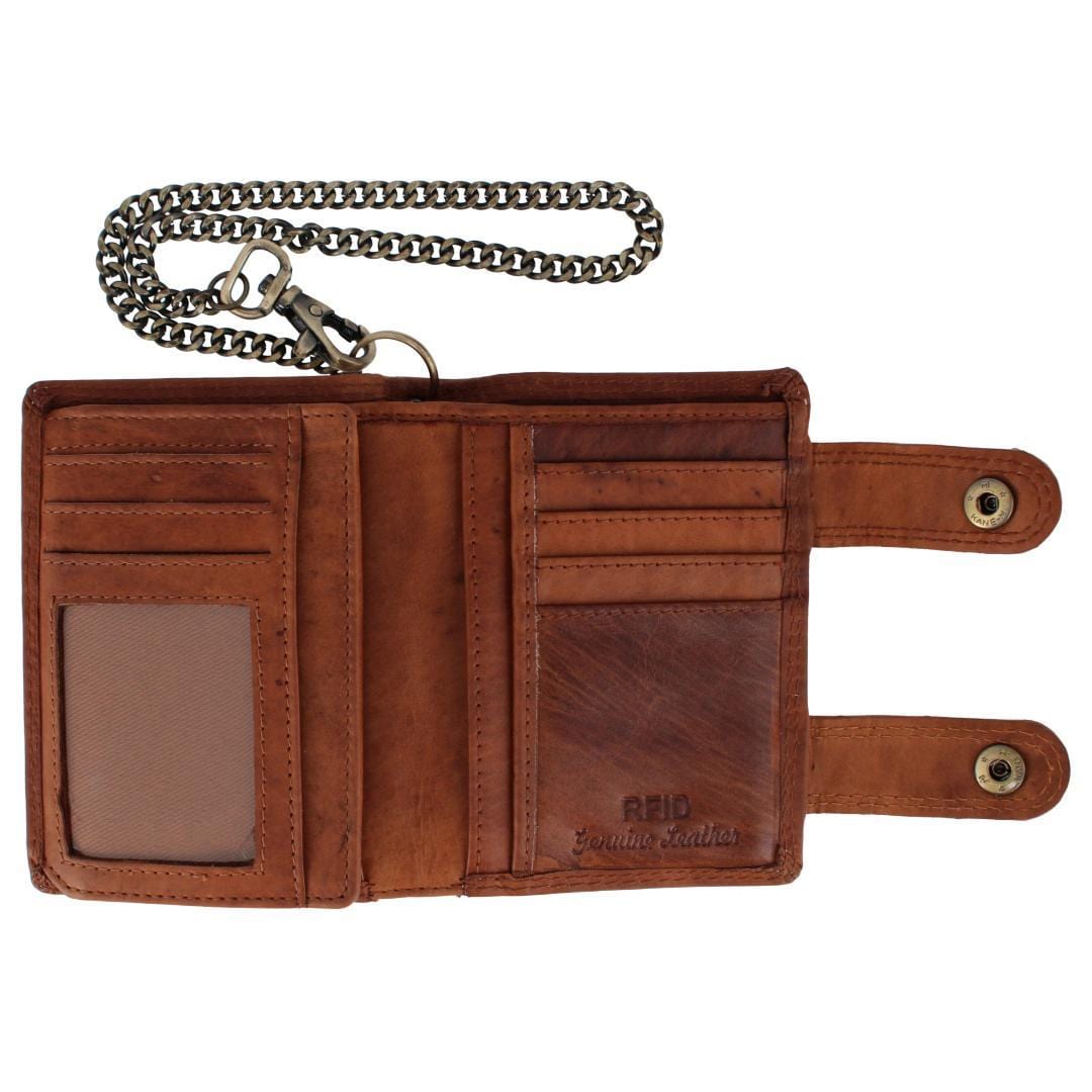 CTM® Men's Leather American Flag Bifold Chain Wallet with Snap Closure - Tan